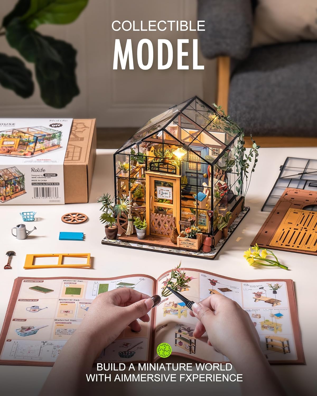 HotRolife DIY Miniature Greenhouse Kit, Tiny/Mini House Making Kit with Furniture for Adults, Furniture, Halloween/Christmas Decorations, Gifts for Family and Friends (Cathy's Greenhouse)