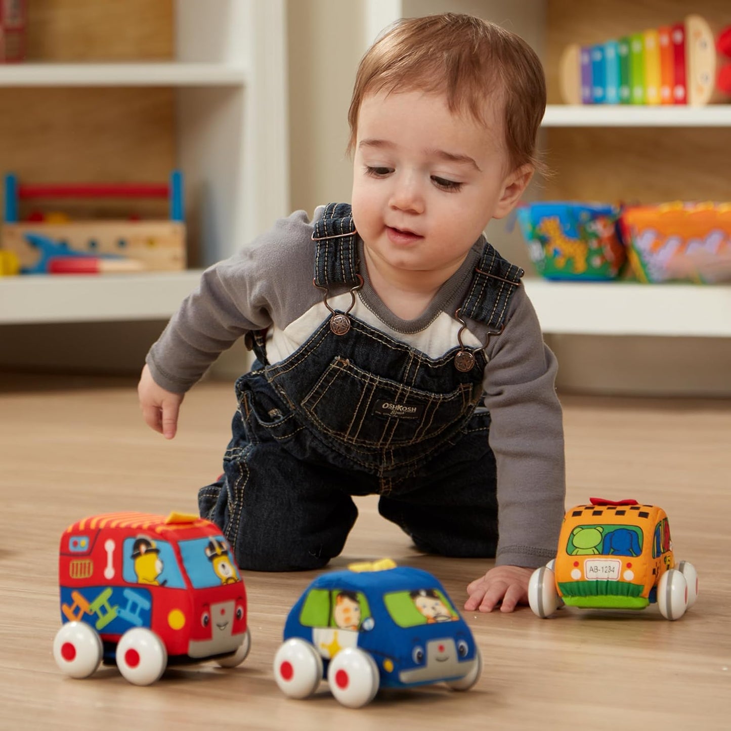 HotMelissa & Doug K's Kids Pull-Back Town Vehicle Set - Baby Toys Set with 4 Soft Toy Cars and Trucks, Surface Washable with Removable Wheels, Learning Toys for Babies and Toddlers