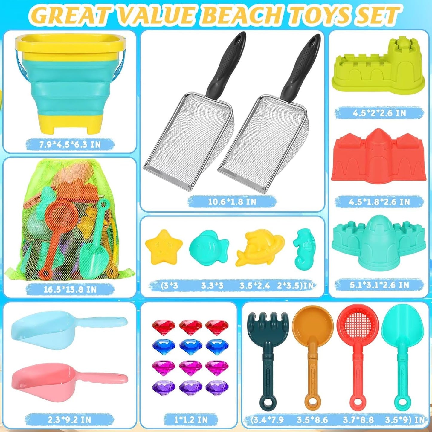 HotBeach Sand Toys for Kids,Sand toys with 2 Collapsible Beach Bucket,2 Beach Sifter Shovel,Sand Shovel Set,Sand Castle Kit,Sea Animal Molds,Diving Gem Pool Toy,Mesh Bag Travel Toys for Toddler 3-10