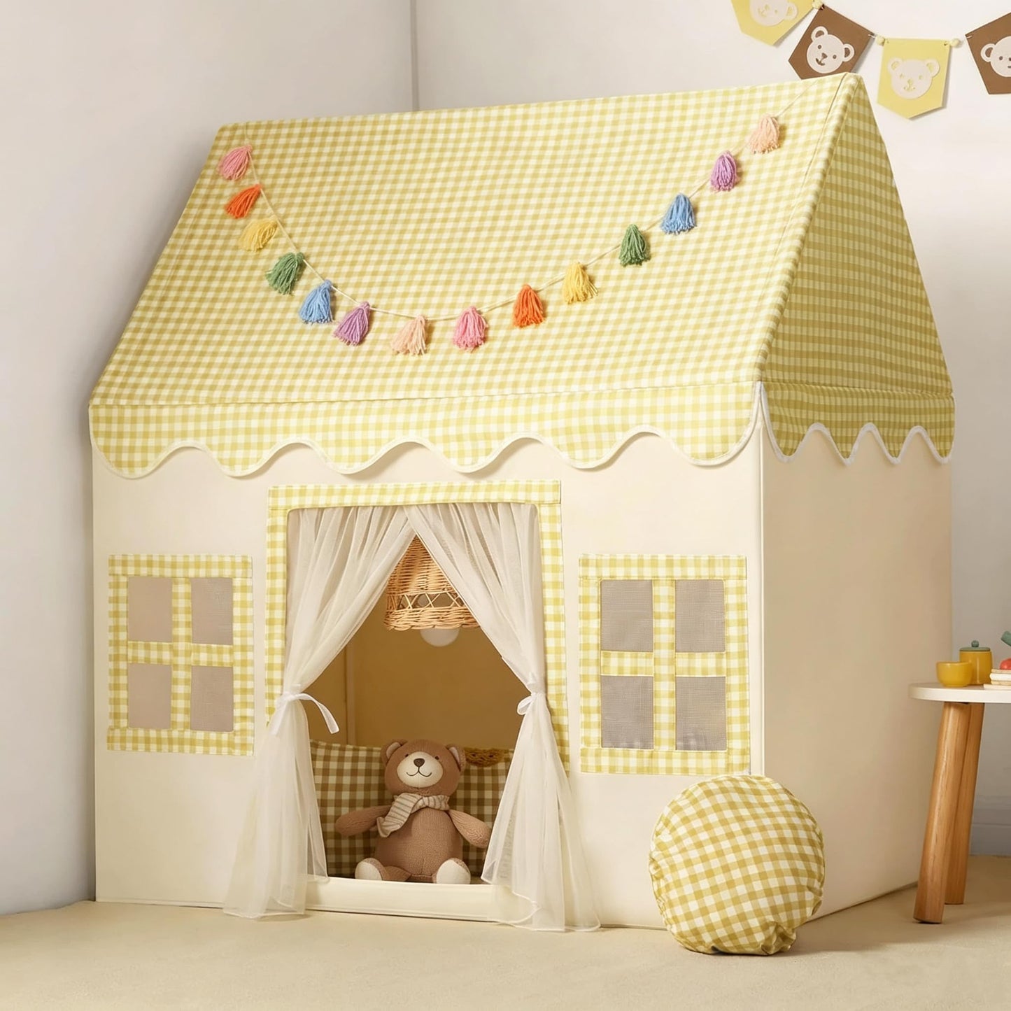 HotKids Play Tent Indoor: with Mat, Tassel Garland - Large Gray Kids Tent Indoor Playhouse for Kids Toys for Boy Girl Birthday Gift
