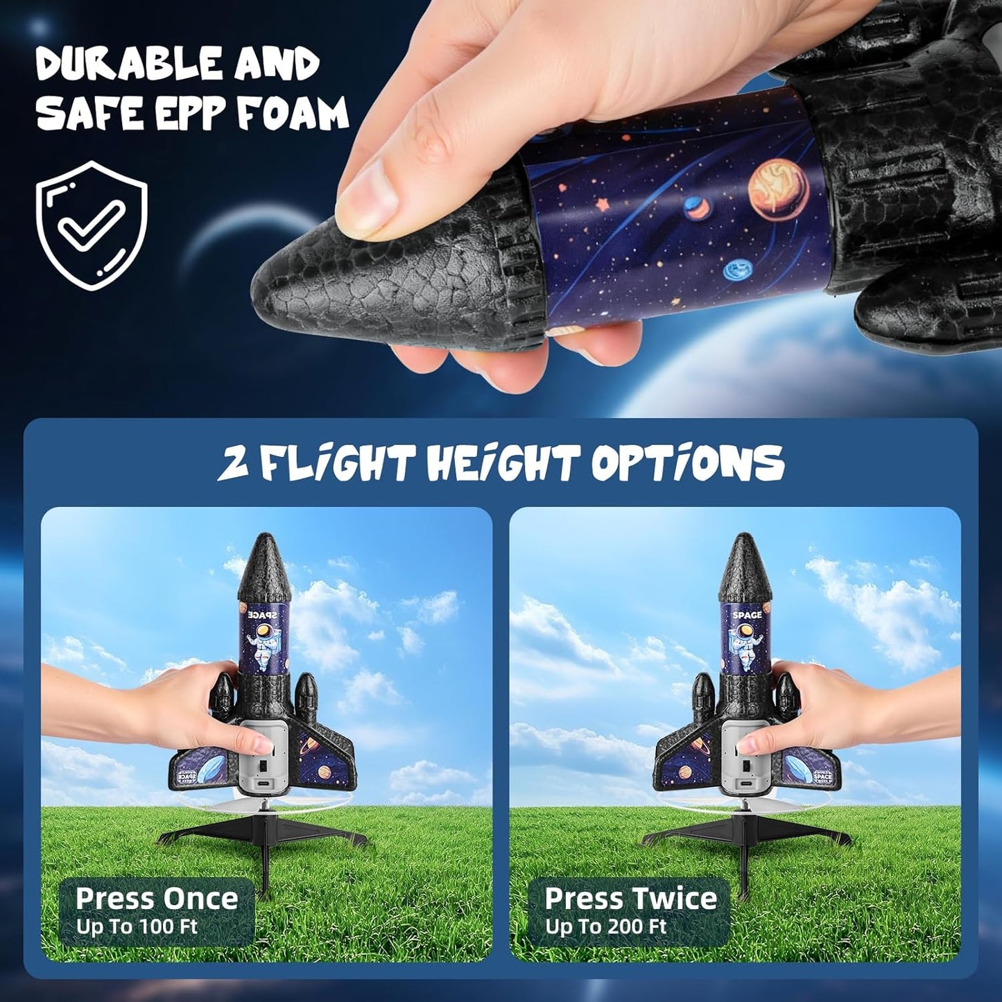 Hot VisionX Rocket Launcher for Kids, 2nd Gen Improved Design, Launch Up to 200ft, Auto-Launch Rocket Toy with Parachute, Outdoor Toys for Ages 5-13, for Boys & Girls, Black