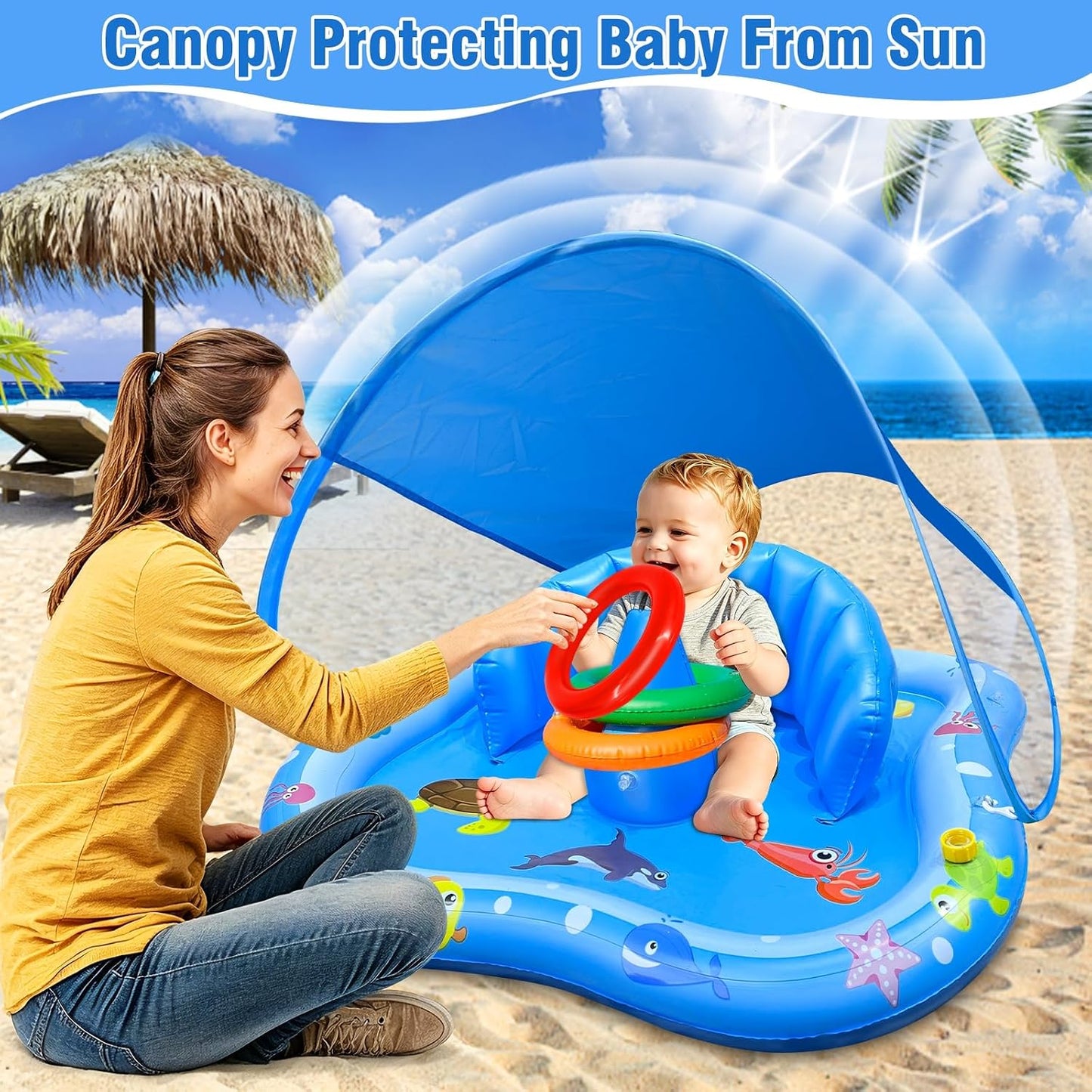Hot iGeeKid Baby Play Mat with Sprinkler, Inflatable Baby Pool Float with Canopy Backrest & Stackable Rings Water Sprinkler for Kids, Outdoor Water Play Toys for Toddlers Backyard Swimming Water Games