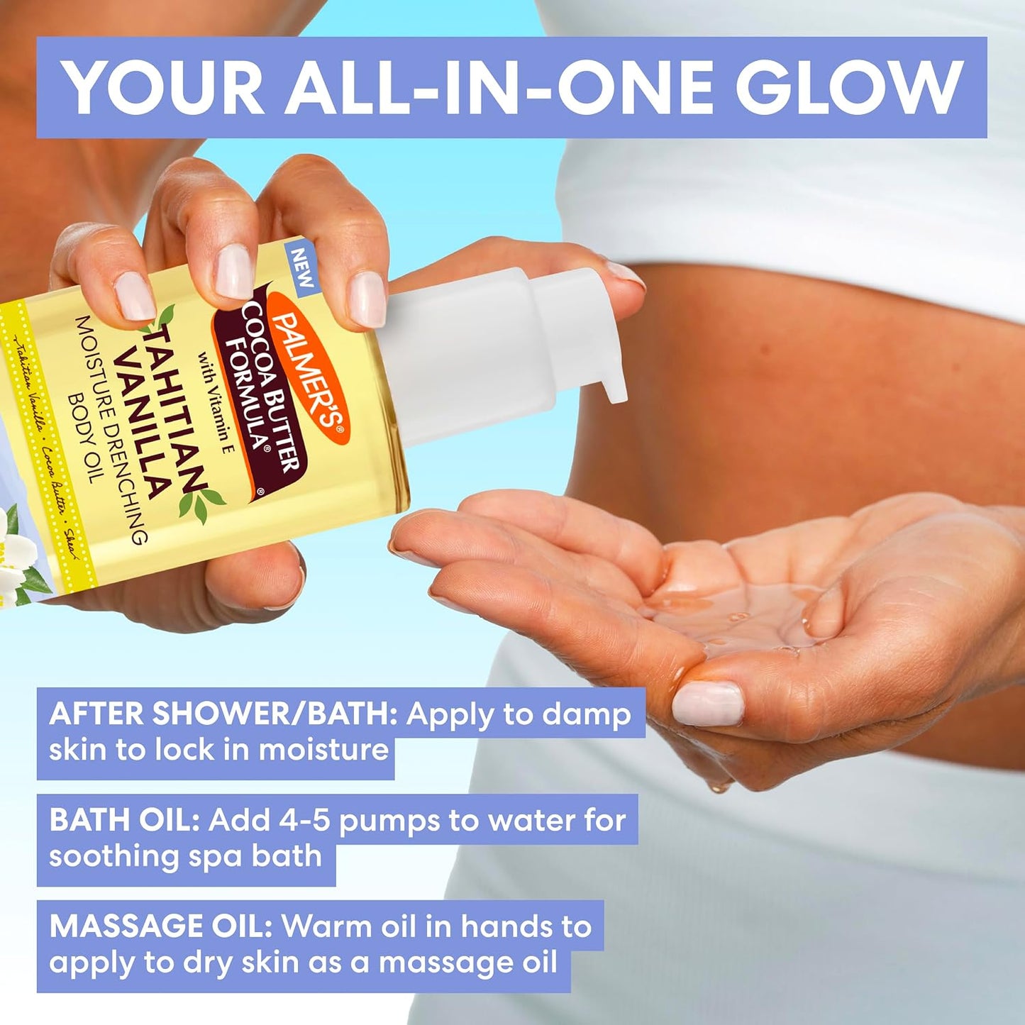 HotPalmer's Cocoa Butter Formula Body Oil, Moisture Drenching Tahitian Vanilla, 6.5 Oz, 72Hr Hydration with Shea Butter & Vitamin E for Softer Skin, Protects & Soothes Dryness, Dermatologist Approved