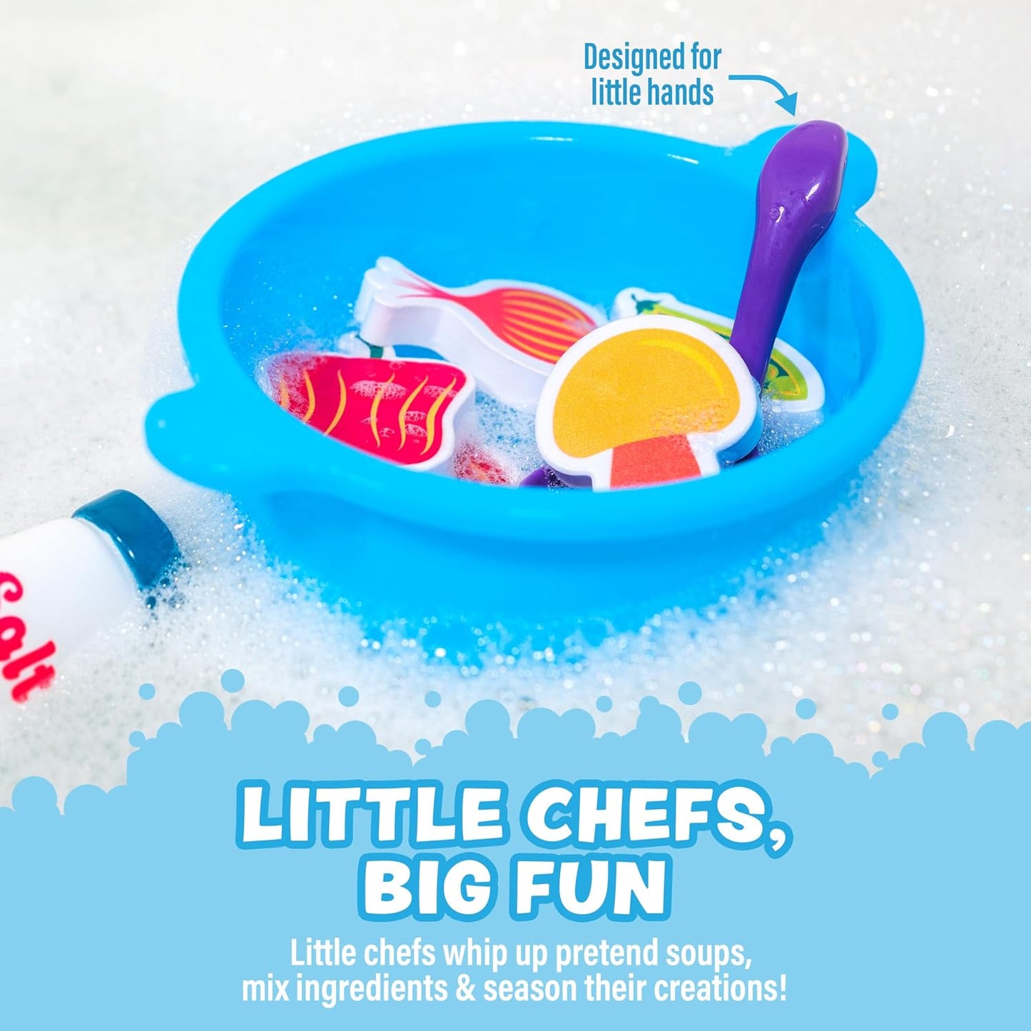 HotTub Works® Tub Soup™ Scoop, Strain & Play Toddler Bath Toy | Floating Foam Veggies, Ladle for Scooping & Soup Pot for Straining | Pretend Play Cooking Kids Bath Toys | Creative Bathtub Toys