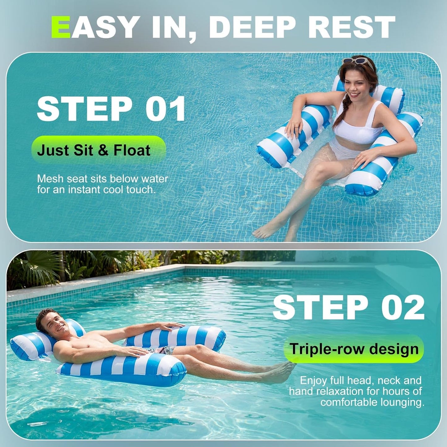 HotInflatable Pool Floats Adult, 2 Pack Thick Pool Floaties Heavy Duty, Non-Stick PVC Rafts Chairs with Mesh Seat, Hammock Noodles Lounger for Summer Water Party Lake Beach