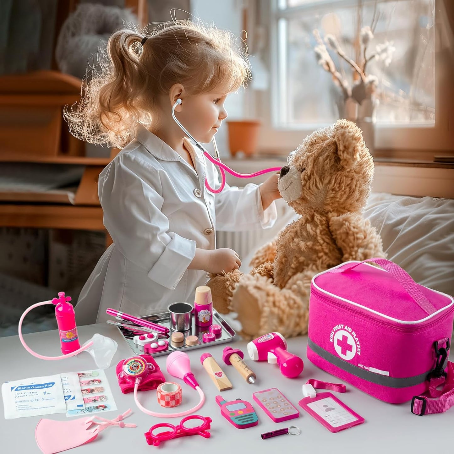 Hot EFO SHM Doctor Kit for Kids Girls, 34 Pcs Kids Doctor Kit for Toddlers 3-5 with Medical Storage Bag & Real Stethoscope, Pretend Play Set for Boys Girls Fun Role Playing Game