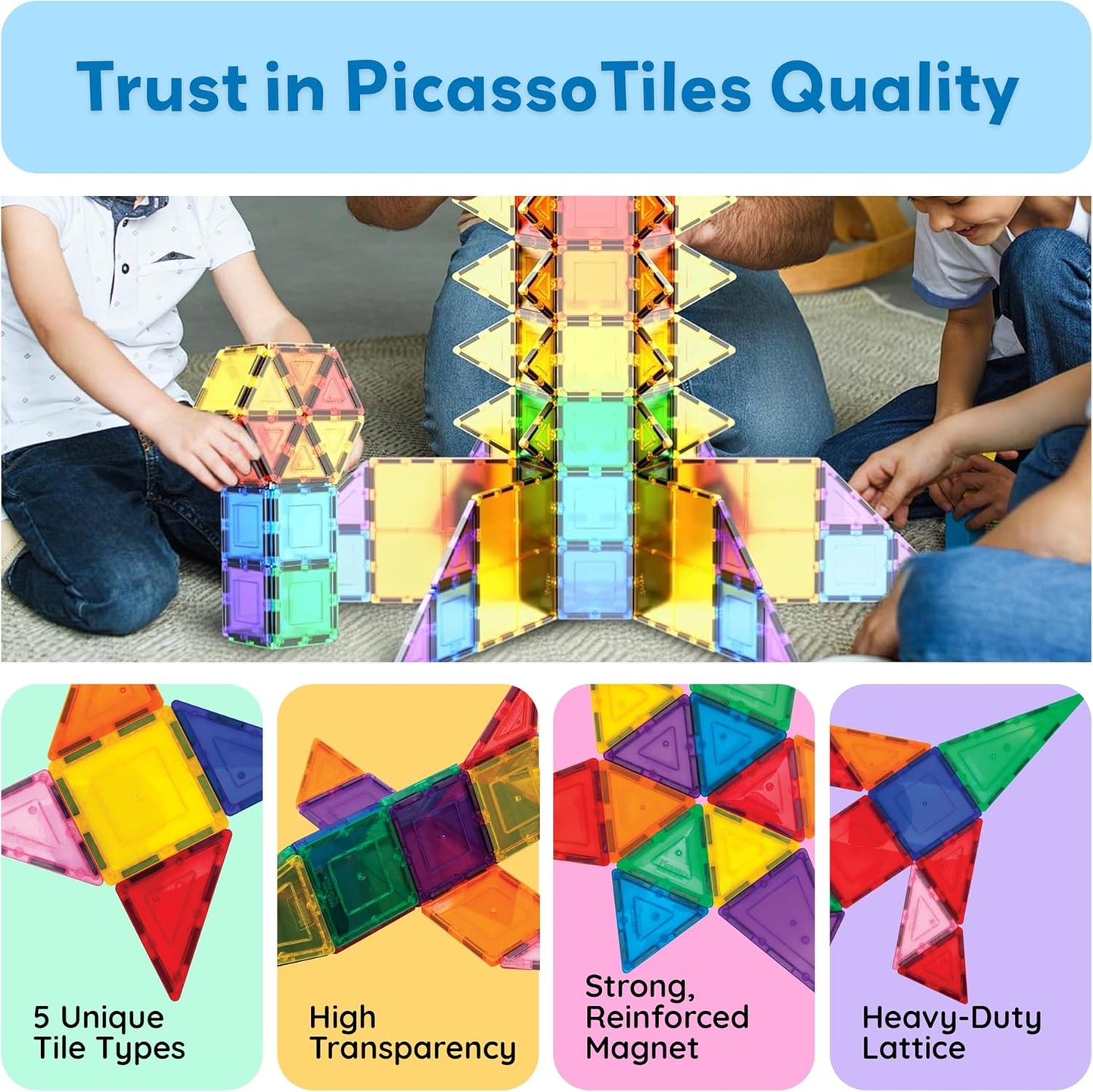 HotPicassoTiles 100 Piece Magnetic Tiles, Clear 3D Building Blocks for Kids 3+ | No-limit scalable builds, hands-on magnet polarity fun, family group play, quick assemble & store, shape & color recognition