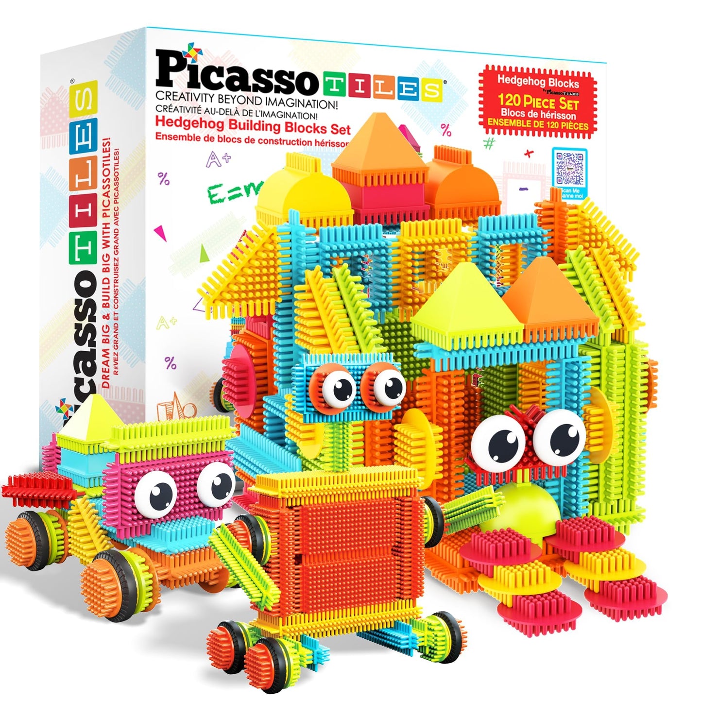 HotPicassoTiles 120pcs Hedgehog Interlocking Building Blocks Tiles Construction Toy Set Learning Playset STEAM Development Preschool Kindergarten Toy for Kids Age3+ PTB120 | Soft rubbery texture, easy-connect forms, BPA-free & lead-safe material, 20+ 3D d