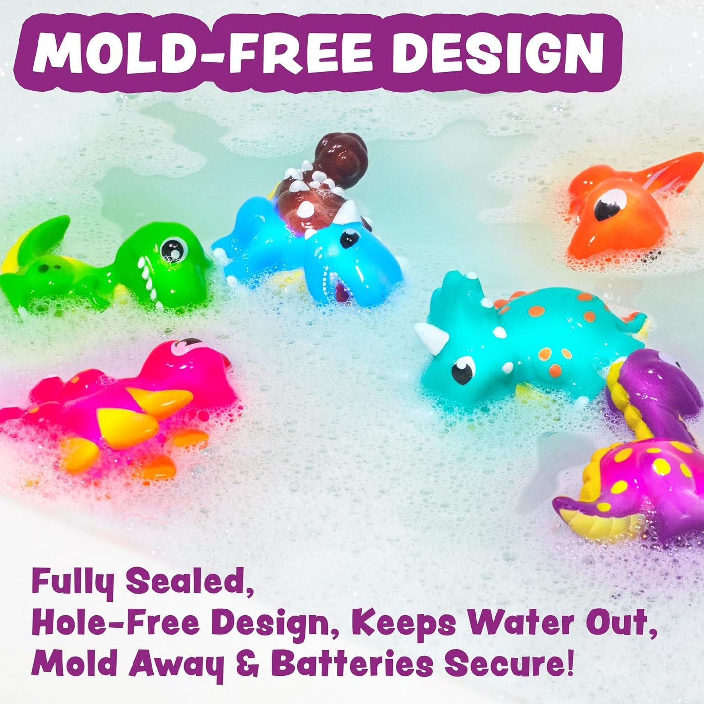 HotTub Works® Dinos™ Dinosaur Light Up Bath Toys, 6 Pack | Water-Activated Light Up Toys Flash & Change Color | Easy-Grip Baby & Toddler Bath Toys | Sensory Bath Lights Watertight Bathtub Toys