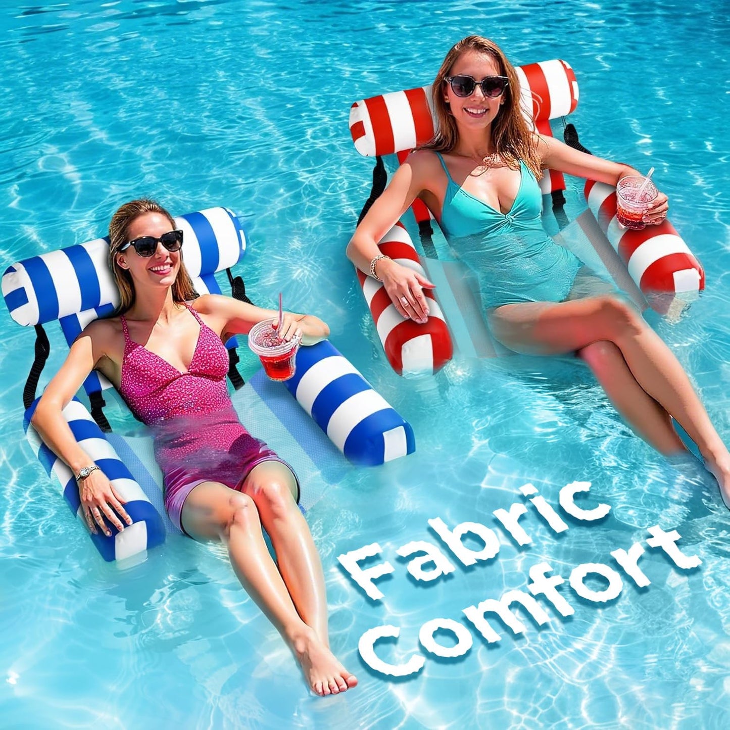 Hot Funscape Pool Floats Chairs Adult, 2pcs Kids Inflatable Pool Lounges-Stripe | Swimming Pool Fabric Floating Hammock Seat, Heavy Duty Blow Pool Noodle Lake Raft Floaties, Fun Summer Beach Water Party Game