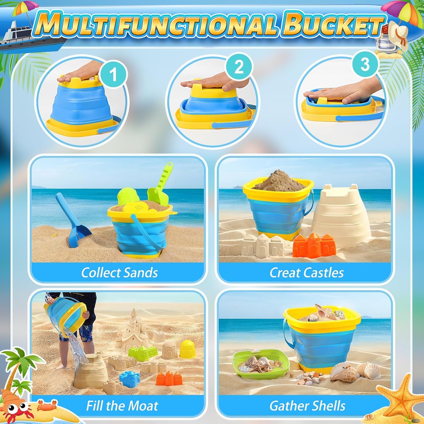 HotCollapsible Beach Sand Toys for Kids, Sandbox Toys Summer Travel Essentials | Includes Bucket, Sand Shovel, Beach Sifter, Castle Molds, Toddler Beach Toys with Mesh Bag, Outdoor Beach for Kids Girls