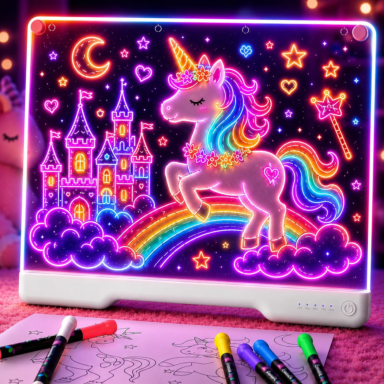 HotGeokay 16" Rechargeable LED Drawing Board, 9-Color Light Modes, Neon Art Dry Erase Light Up Doodle Glow Pad with Built-in Stand, Sketching Gift Toy for Kids/Girls/Teens, 7 Markers & Tracing Book