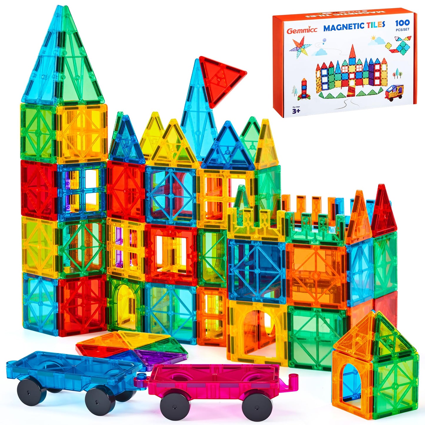 Hot Gemmicc 100 PCS Magnetic Tiles with 2 Cars, STEM Approved Educational Magnet BuildingToys, Magnet Puzzles Stacking Blocks for Boys Girls