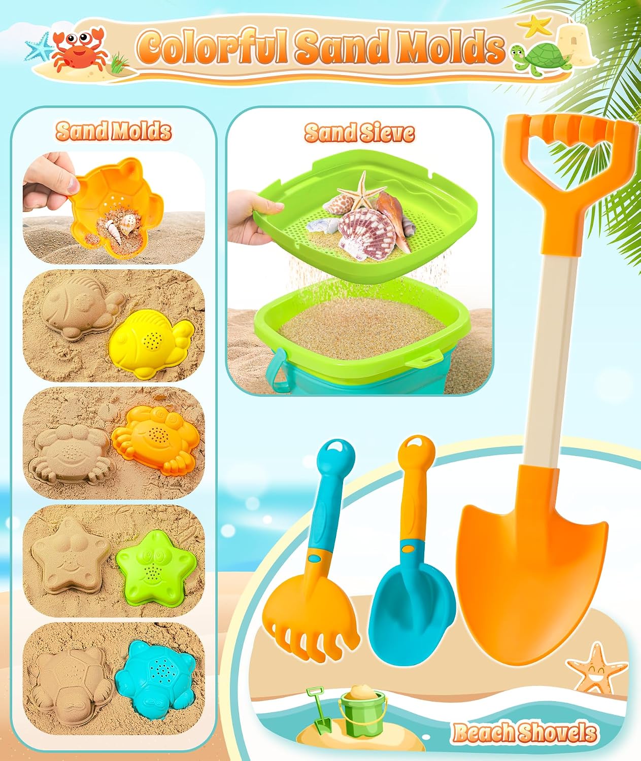 HotDUDUCOFU Collapsible Beach Sand Toys for Kids Toddlers, Collapsible Sand Bucket with Sifter Shovels Set with Mesh Bag and Sand Molds, Travel Beach Sandbox Toys for Boys Girls 3 4 5 6 7 8 9 10