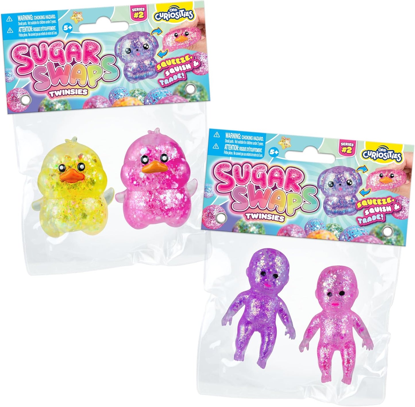 Hot ORB Curiosities Duck and Babies Sugar Swaps 2 Pack - 4 Sparkly Sugar Duck and Baby Squishy Toys to Stretch, Squeeze, Collect, and Trade - Fun Stress Relief, Sensory and Fidget Toys for Kids and Adults