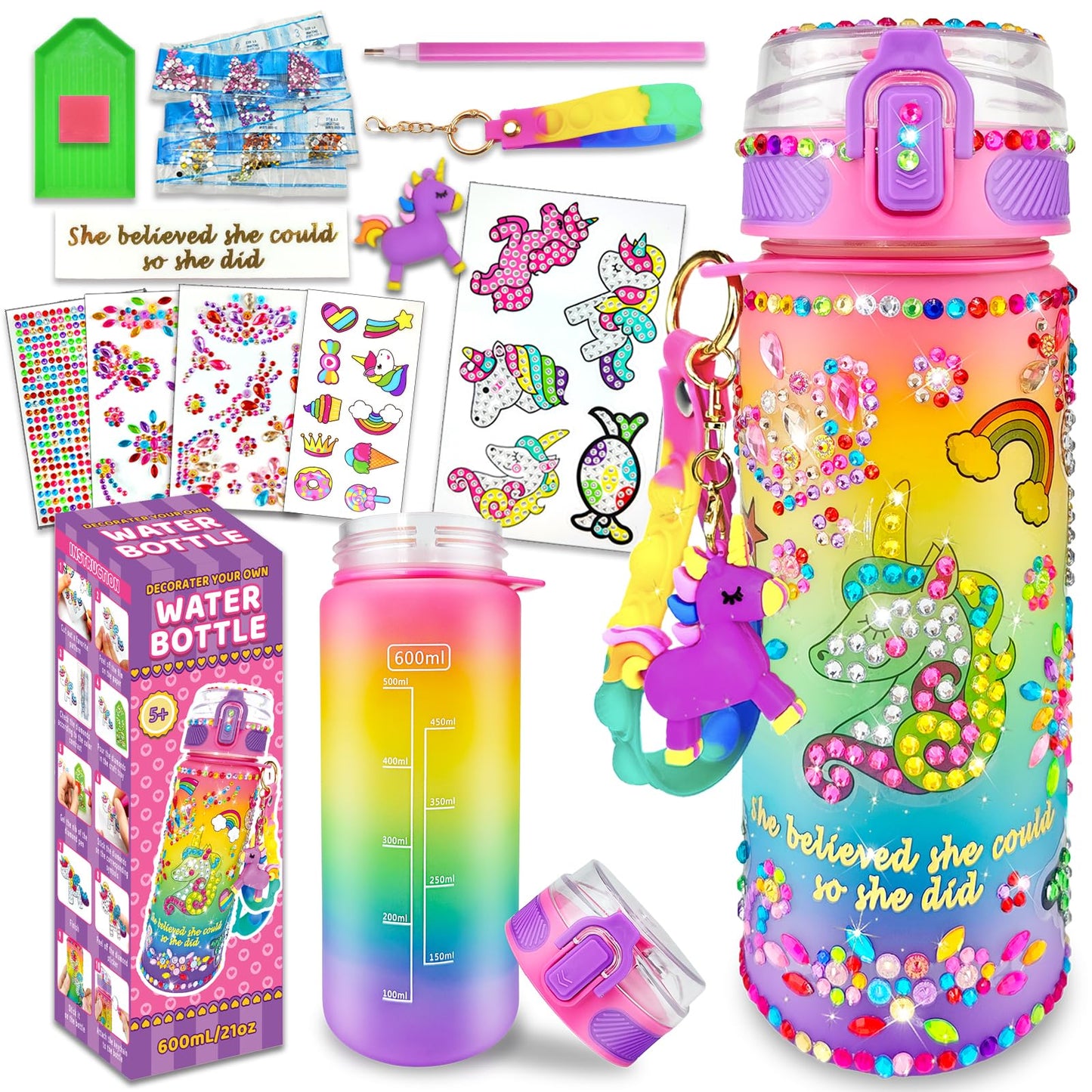 HotEDSPORTSHOUSE Decorate Your Own Water Bottle Kits for Girls Age 4-6-8-10,Unicorn Painting Crafts,Fun Arts and Crafts Gifts Toys for Girls Birthday Christmas(Unicorn)