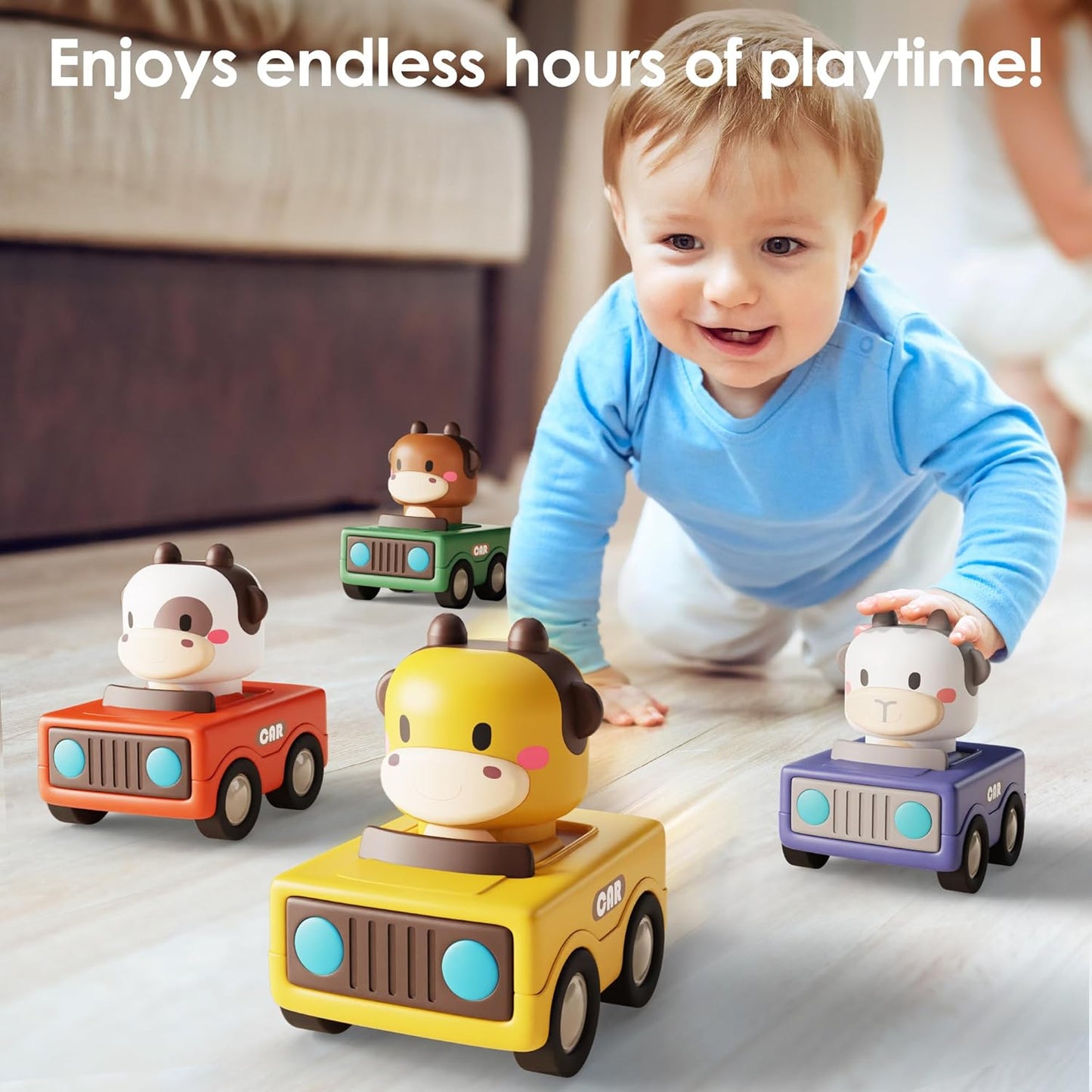 HotiPlay, iLearn Press to Go Car Toys for Toddlers 1-3, Baby Animal Racing Cars, Infant Play Vehicle Set, Baby Push Go Friction Car Toys for 6-9-12-18 Months, 1st Birthday Gifts for 1-2 Years Old Boys