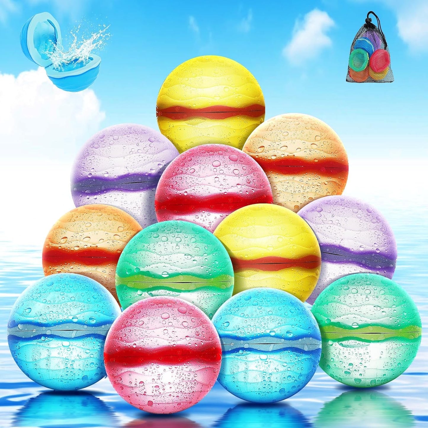 Hot【12 Pack】Magnetic Reusable Water Balloons Fast Refillable for Kids Outdoor Activities, latex-free Kids Pool Beach Bath Toys, Self-Sealing Water Bomb Quick Fill for Summer Games