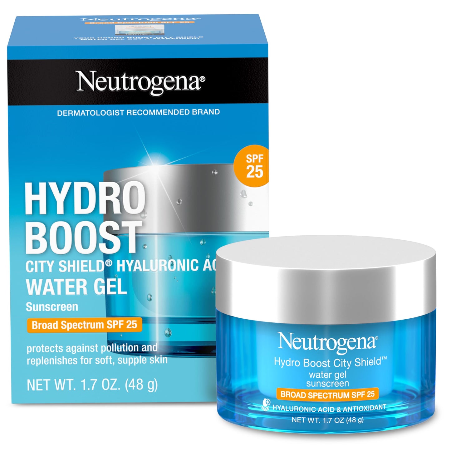 HotNeutrogena Hydro Boost City Shield Water Gel Face Moisturizer with Broad Spectrum SPF 25 Hydrating Facial Sunscreen with Hyaluronic Acid Oil Free and Noncomedogenic Face Lotion, 1.7 oz