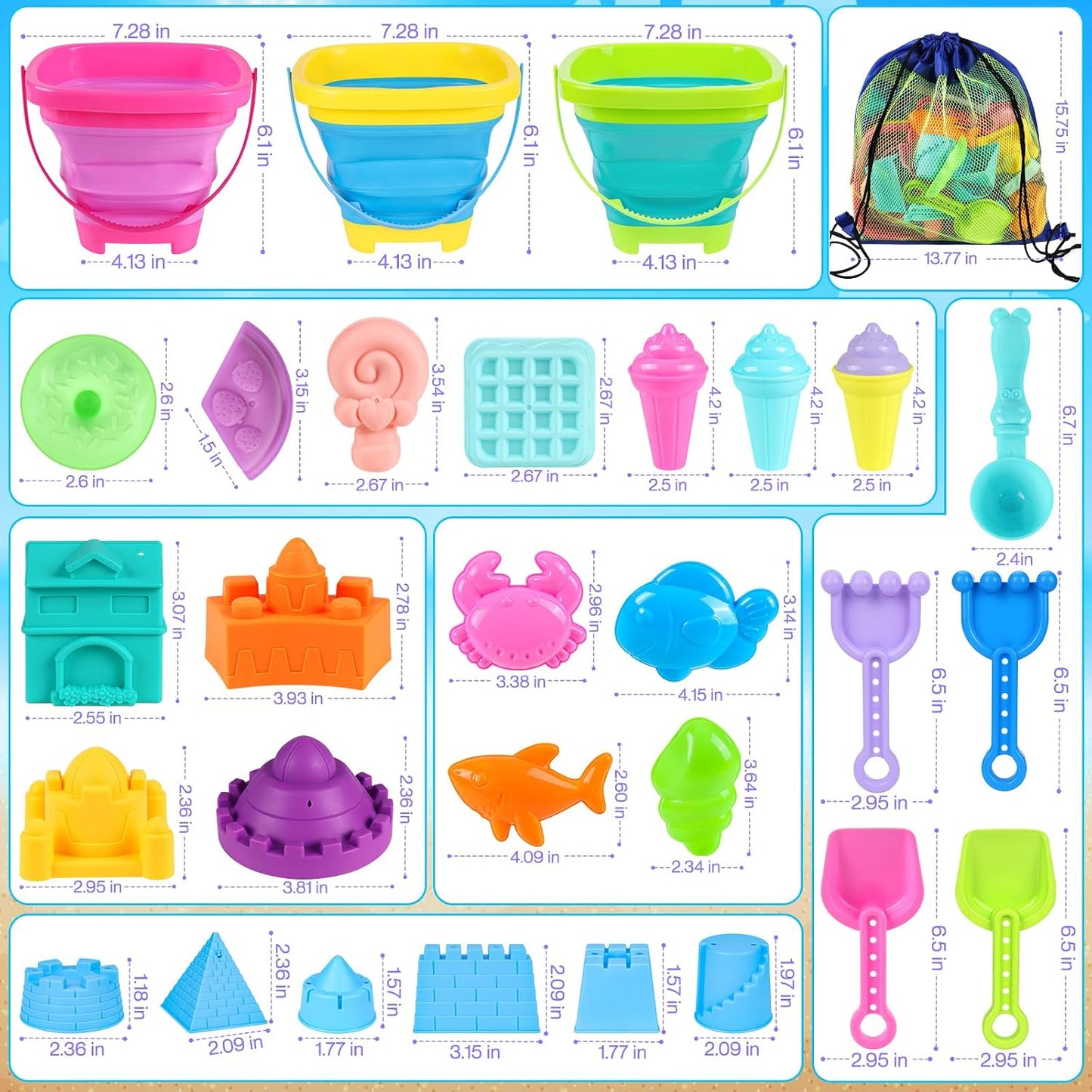 HotCollapsible Beach Toys for Kids Toddlers, 3 Foldable Buckets and Shovels Set, Sand Castle Building Kit, Ice Cream Travel Sand Toys for Sandbox & Mesh Bag, Beach Essentials for Boys Girls Age 3-10