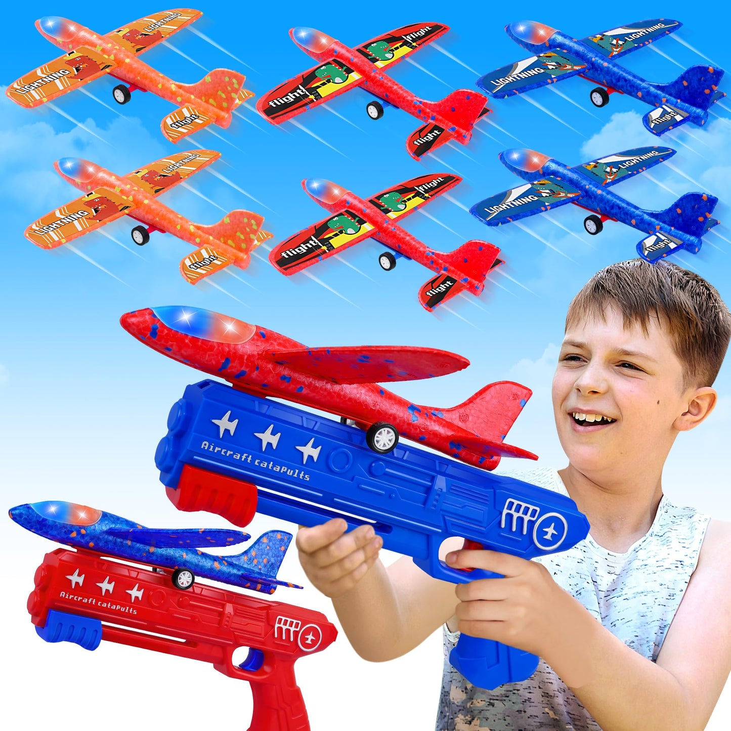 Hot LJZJ 3 Pack Airplane Launcher Toys, 2 Flight Modes LED Foam Glider Catapult Plane, Outdoor Flying Toy for Kids, Birthday Gifts for Boy Girl 3+ Year Old, B-Day Party Supplies