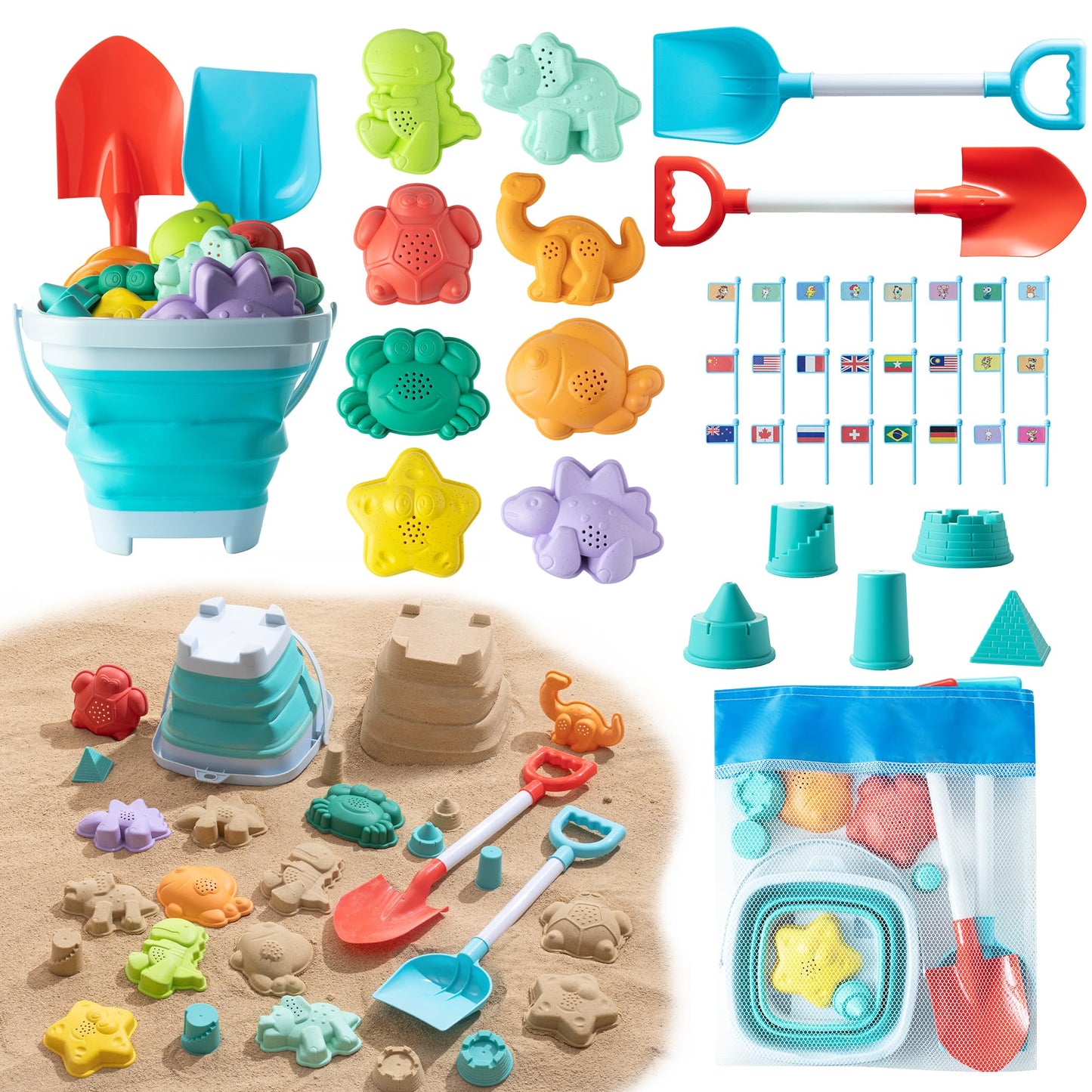 Hot Sawaruita Beach Toys for Kids - Sand Toys Set Includes Collapsible Sand Bucket Shovel and Sand Rake Toy for Beach 12 PCS, Sandbox Toys Sandcastle Building Kit (A)
