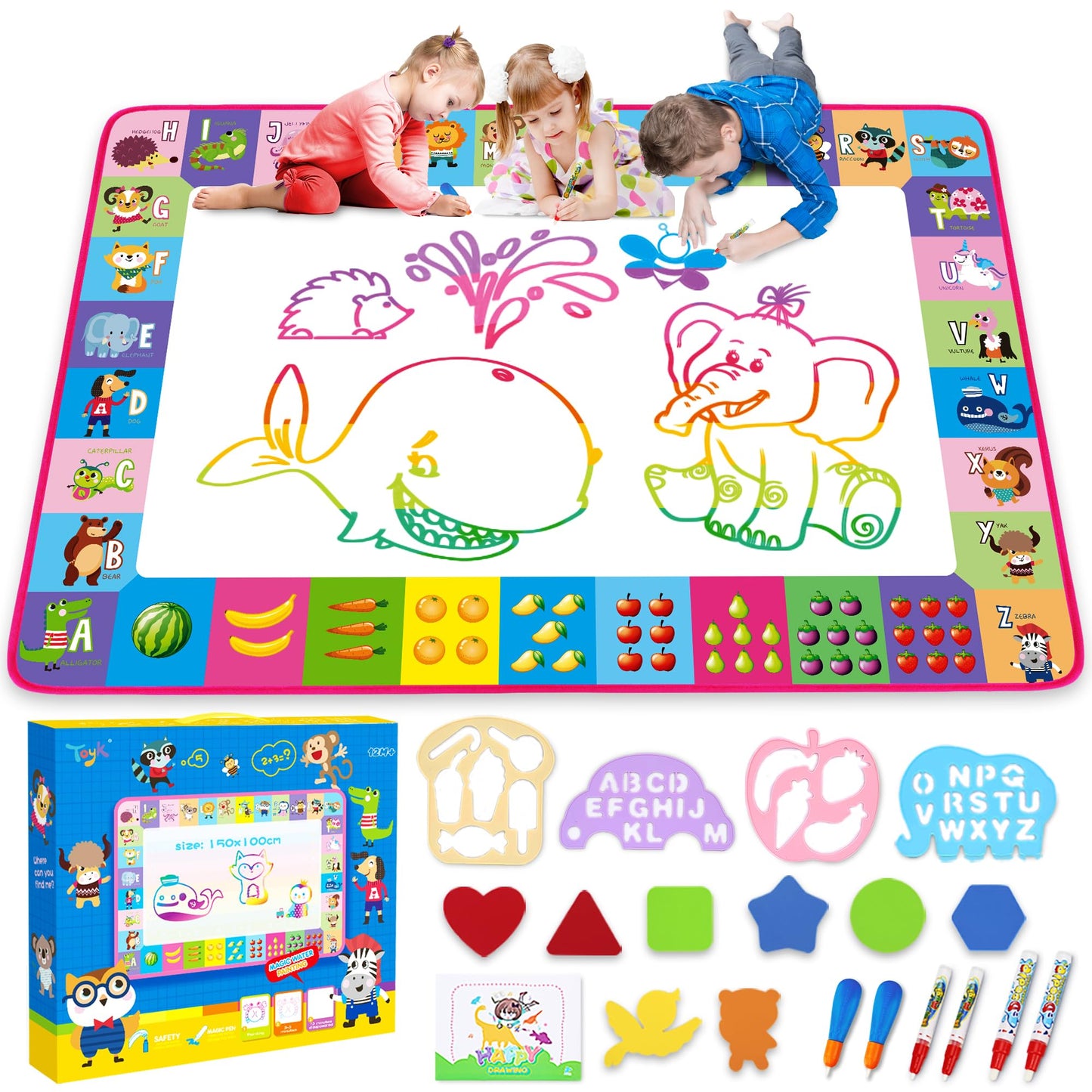 HotWater Doodle Mat - Kids Painting Writing Color Doodle Drawing Mat Toy Bring Magic Pens Educational Toys for Age 3 4 5 6 7 Year Old Girls Boys Age Toddler Gift