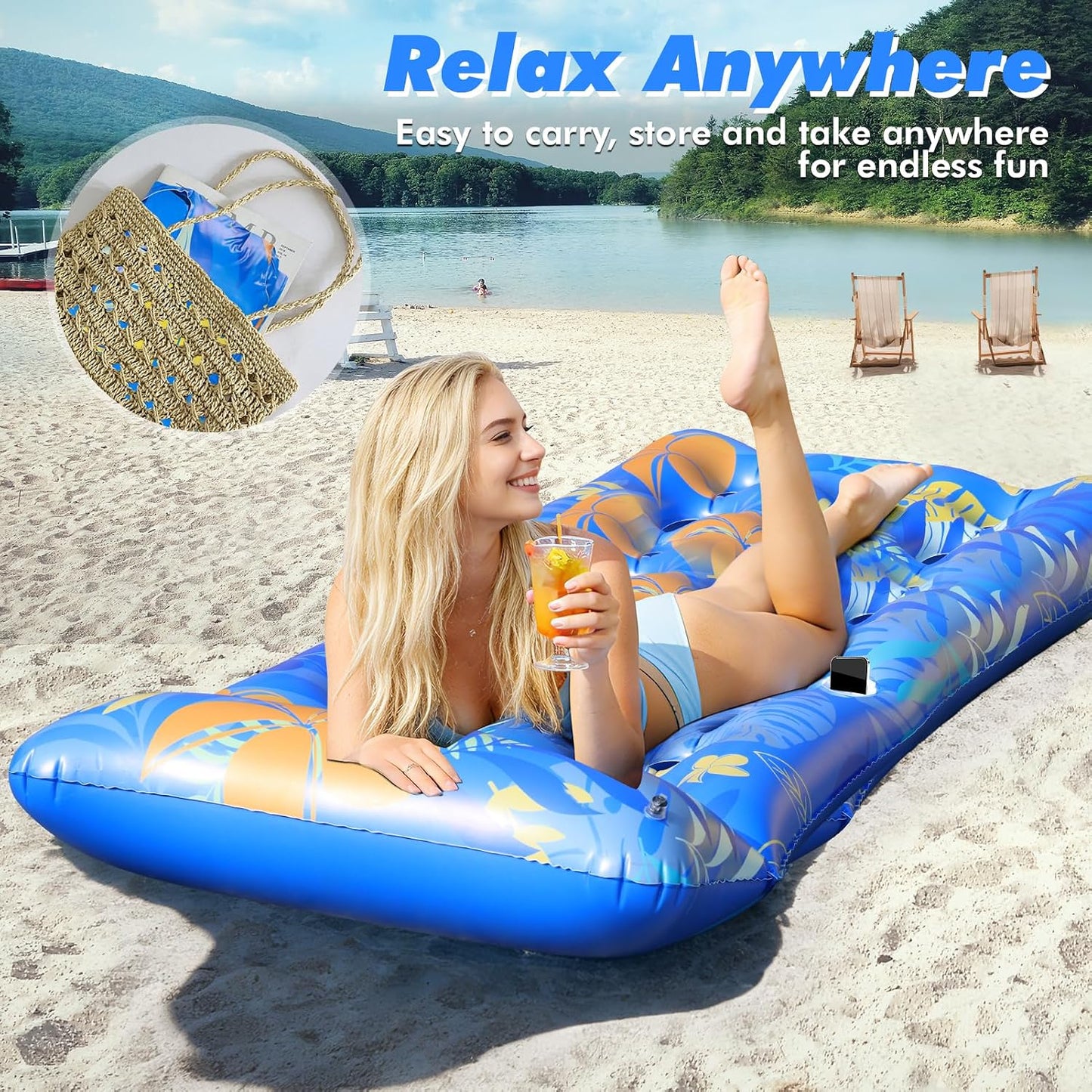 Hot Pool Floats Lounger, 2 PCS 72''x35'' Ultra-Comfort Pool Rafts for Adults with Cooling Headrest and Cup Holders, Pool Floaties Raft Mat for Sun Tanning Swimming Beach Outdoor Pool Lake Party
