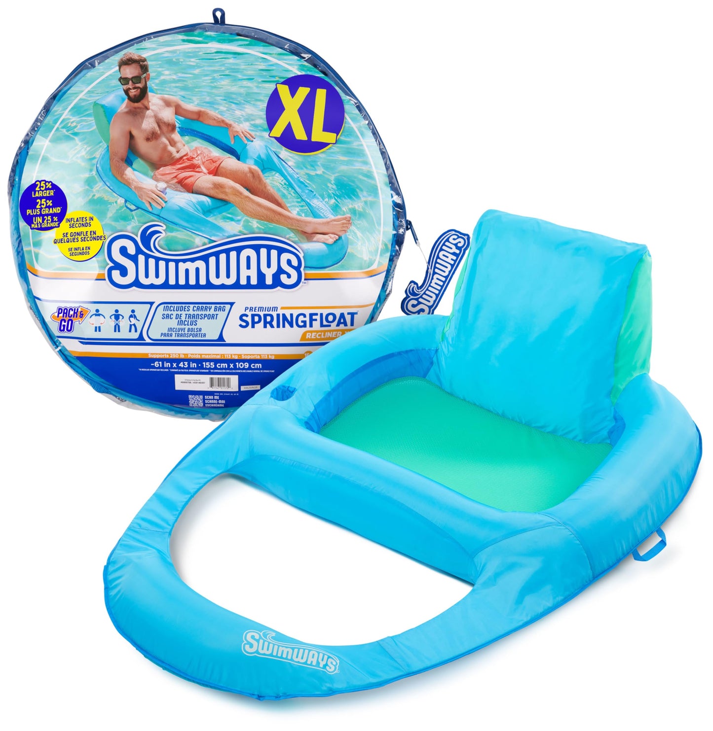 HotSwimWays Spring Float XL Recliner Chair for Swimming Pool, Inflatable Pool Floats for Adults and Teens with Fast Inflation, Cup Holder & Foot Rest, Supports Up to 250 lbs.