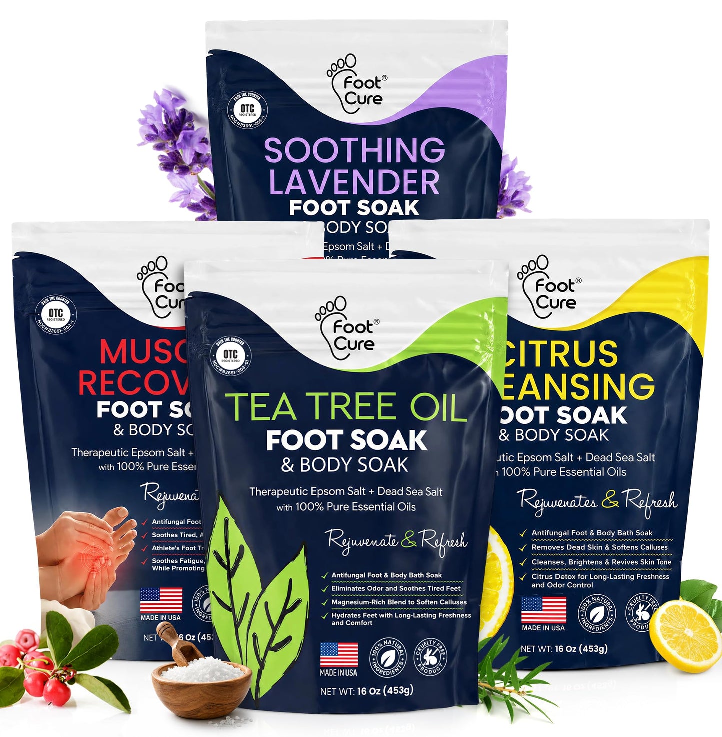 HotTea Tree Oil Foot Soak with Epsom Salt - For Toenail Repair, Athletes Foot, Softens Calluses, Soothes Sore & Tired Feet, Nail Discoloration, odor Scent, Spa Pedicure Care - Made in USA 16 oz