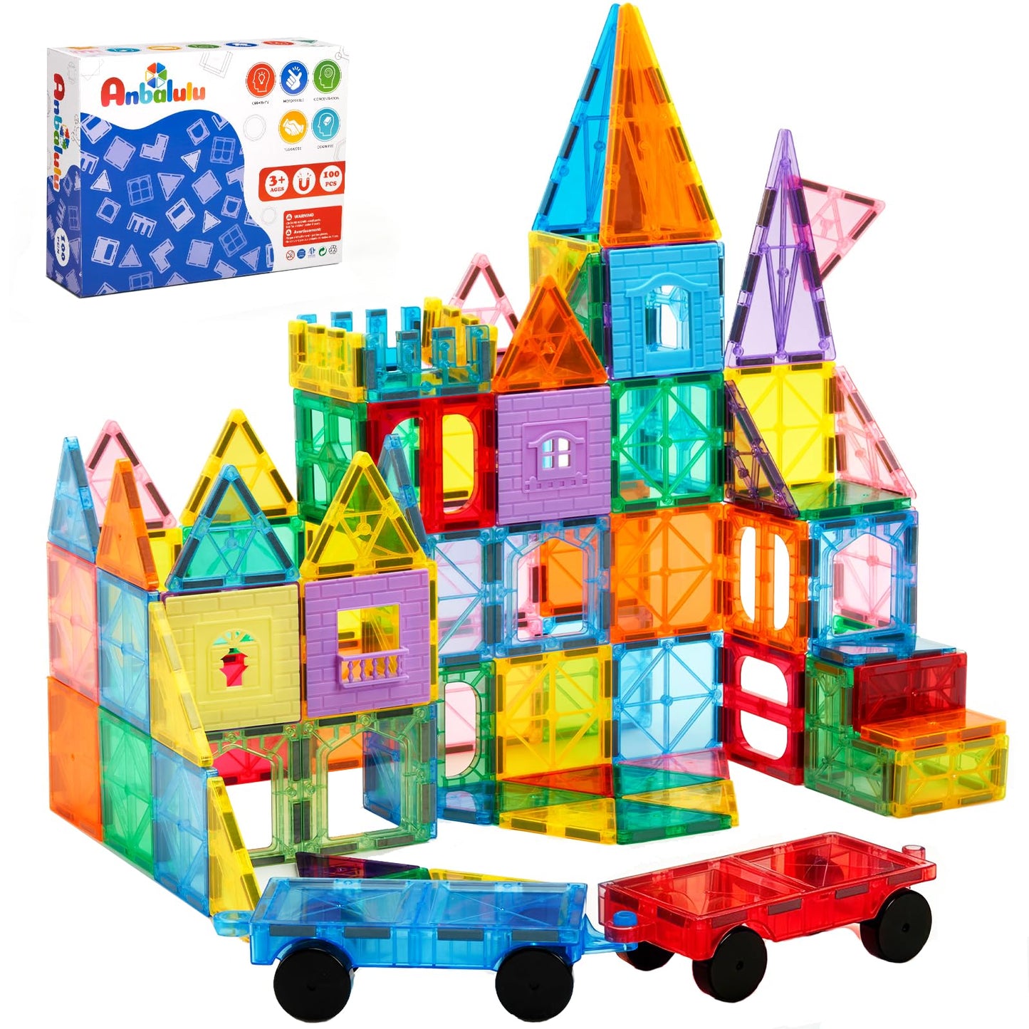 Hot Anbalulu Magnetic Tiles 100PCS with 2 Cars, STEM Educational Building Blocks for Kids Ages 3-9, Magnet Construction Toys Gift for Toddlers