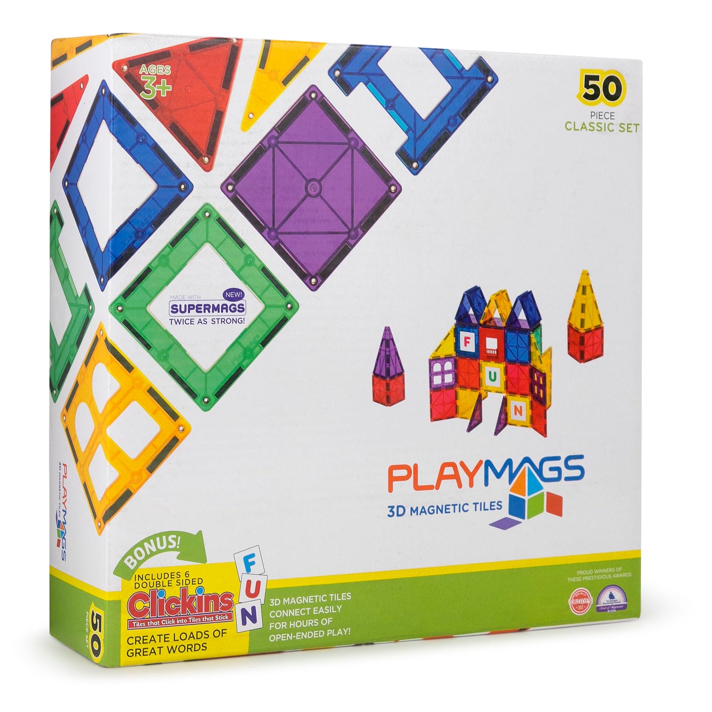Hot Playmags Magnetic Tiles for Kids 100-Piece Set, STEM Educational Building Blocks Toys for Kids, Includes Click-in ABC Learning Tiles, Gift for Boys & Girls, Add on Magnetic Figures, Car Set Available
