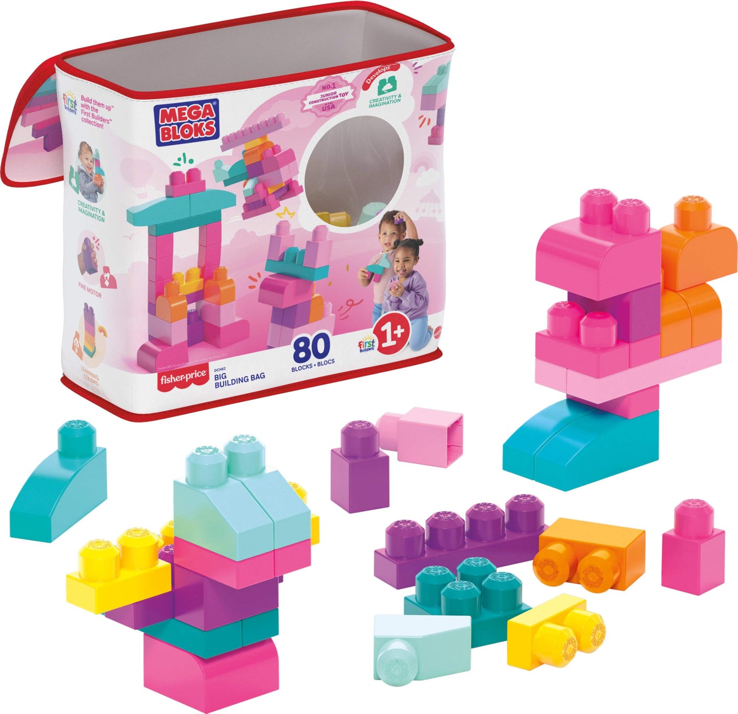 HotMEGA BLOKS First Builders Toddler Blocks Toys Set, Big Building Bag Collection with 80 Pieces and Storage, Pink, Ages 1+ Years