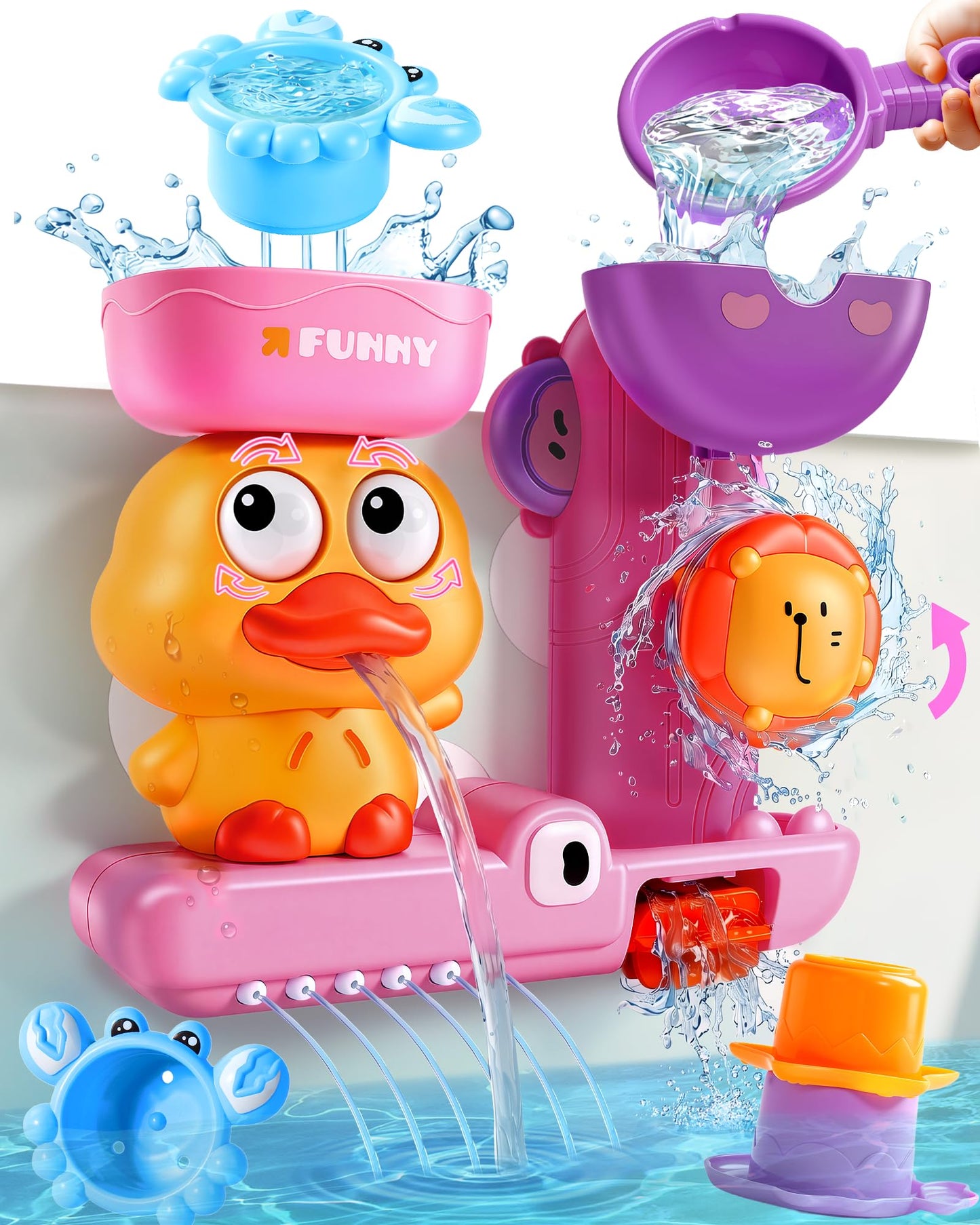 Hot Toddler Bath Toys for Kids Ages 1-3 Waterfall Bathtub Toys for Toddlers 2-4 | with 3 Stacking Cups No Mold Baby Bath Toys Interactive Duck Water Shower Toys for Boys Girls Gifts with Strong Suction Cups