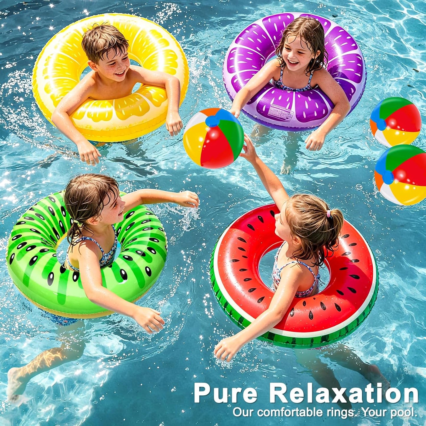 Hot 8 Pack Inflatable Pool Floats, Pool Toys for Swimming Pool Party Kids Adults 4 Pcs Fruit Swim Tube Rings & 4 Pcs Beach Balls Pool Floaties Summer Lake Hawaiian Beach Luau Party Decorations Water Fun