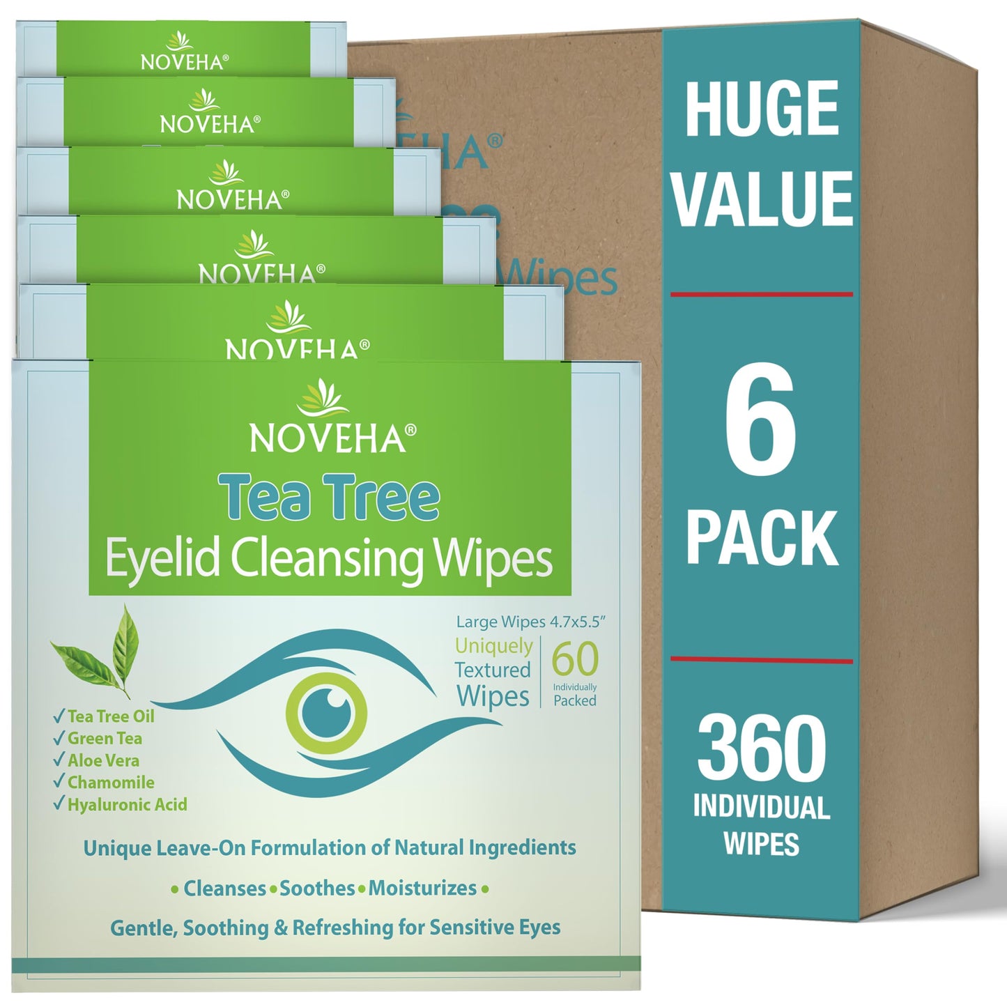 HotNOVEHA 60PCs Tea Tree Oil Eyelid & Lash Wipes | With Hyaluronic Acid, Green Tea & Chamomile For Blepharitis, Itchy & Stye Eyes, Individually Wrapped, Natural Eyelash Makeup Remover & Daily Cleanser