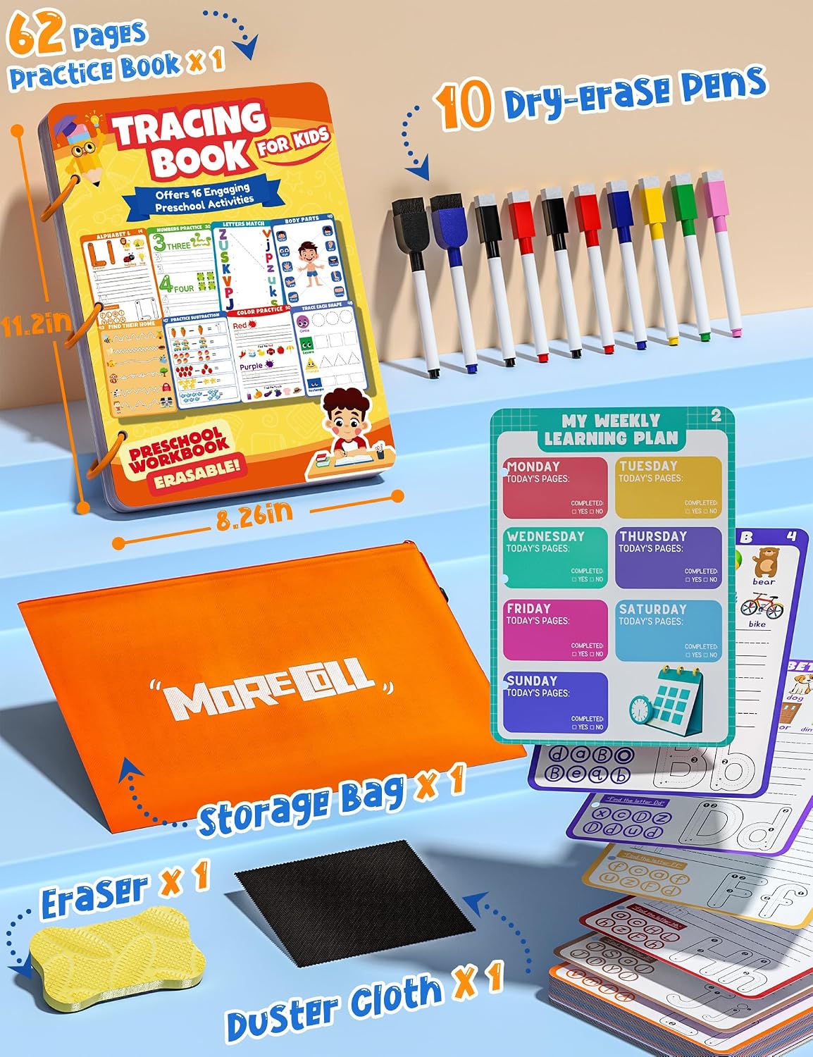 Hot Preschool Learning Activities Educational Workbook, 62 Reusable Pages Pre Kindergarten Workbooks, Number Letter Tracing Books for Kids, Autism Learning Materials, ABC Busy Book for Kids Ages 3-7