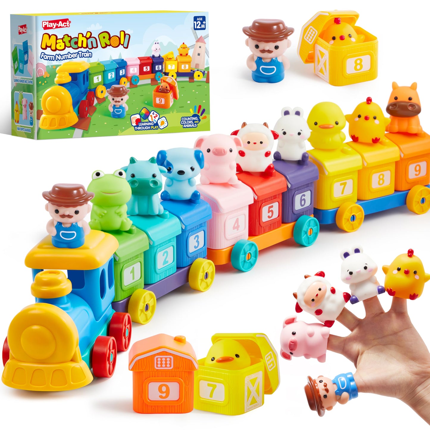 HotPlay-Act Learning Toy for Toddlers 1 2 3 Years Old, Counting, Matching & Sorting Montessori Learning Farm Train Including 9 Farm Animals, Birthday Gift for Baby Boys Girls