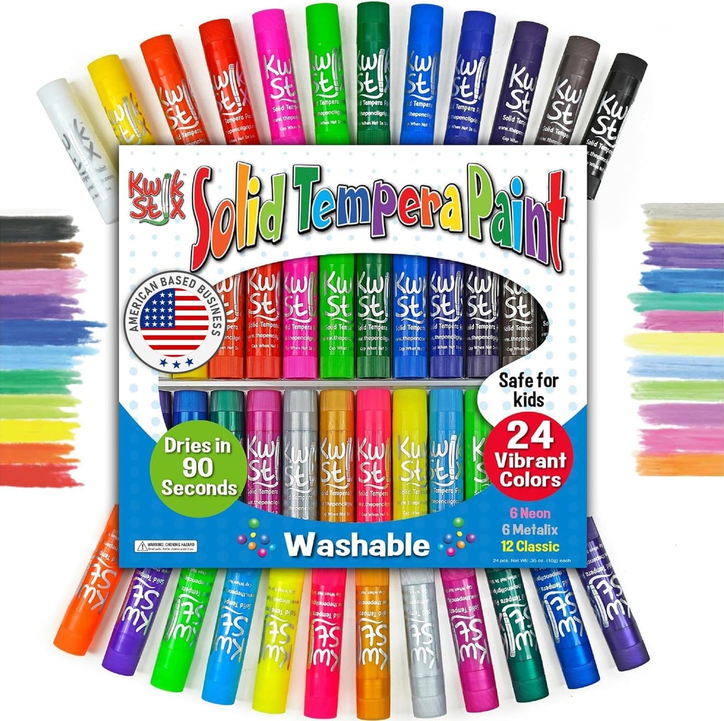 Hot Kwik Stix Solid Tempera Paint Sticks, 24 Colors, Washable Paint Sticks for Kids, Non-Toxic, Quick Drying, Allergen Free, Comes in Classic, Metallic, & Neon Colors, Ideal for Kids and Toddlers