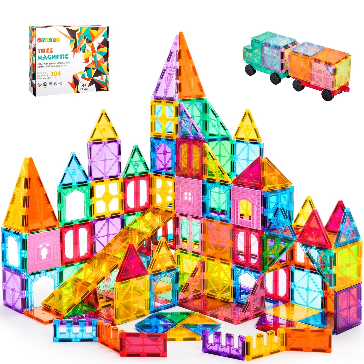 HotOugerToy 104PCS Magnetic Tiles STEM Building Blocks for Kids Ages 3-9, Educational Stacking Toys with Car Bases, Creative Construction Gift for Boys Girls