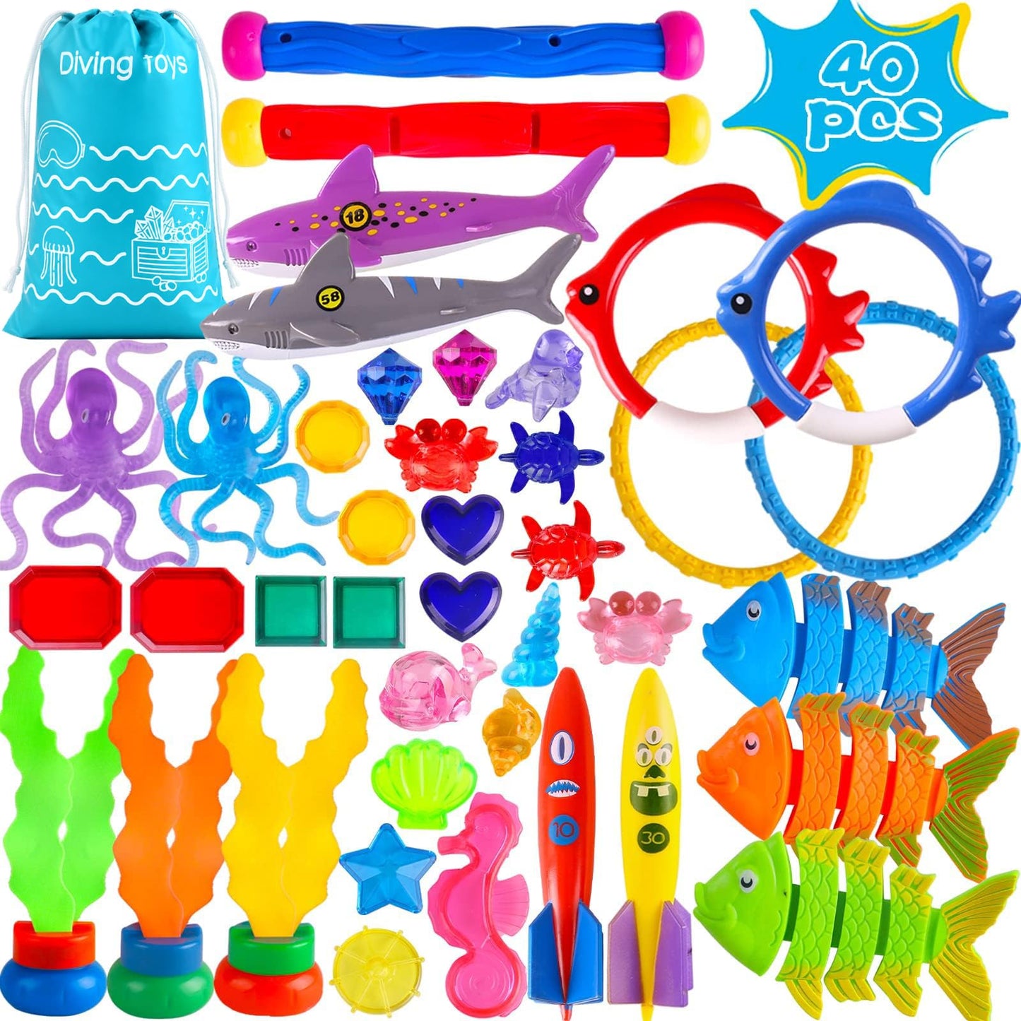 Hot20Pcs Summer Pool Diving Swimming Toys for Kids Ages 3-12, Fun Swim Games Sinking Set, Underwater Dive Gifts with Storage Bag Include Torpedo Gems Shark Rings Sea Animals for Boys Girls