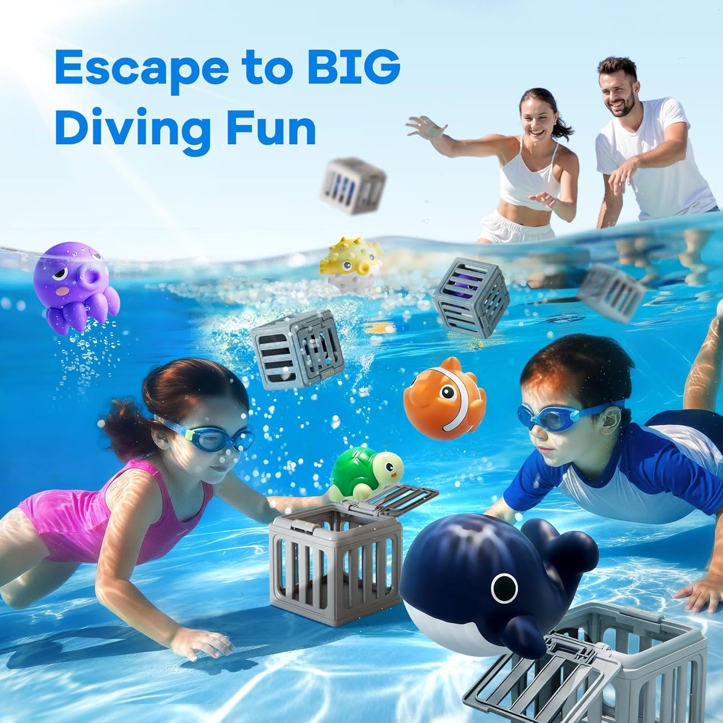 HotFunscape Kids Pool Diving Toys, Water Swimming Dive Pool Game, Toddler Bath Toy Play Set W/ Fish Box Floating Animals, Fun Outdoor Beach Lake Swim Summer Party Gift 3 4 5 6 7 8 10 12 Year Old Boy Girl