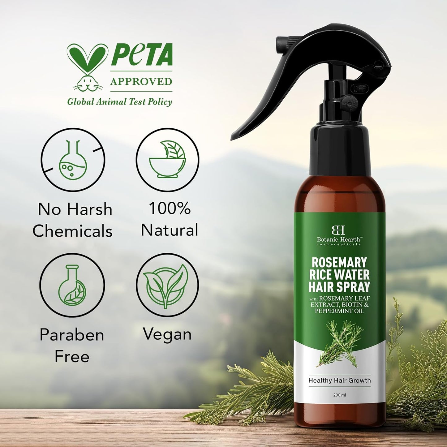 HotBotanic Hearth Rosemary & Rice Water Leave In Conditioner Hair Spray Bottle for Hair Growth, 6.8 Fl Oz, Root Enhncer, Korean Scalp Treatment, Anti-Itch & Hair Strengthening Spray for Women & Men