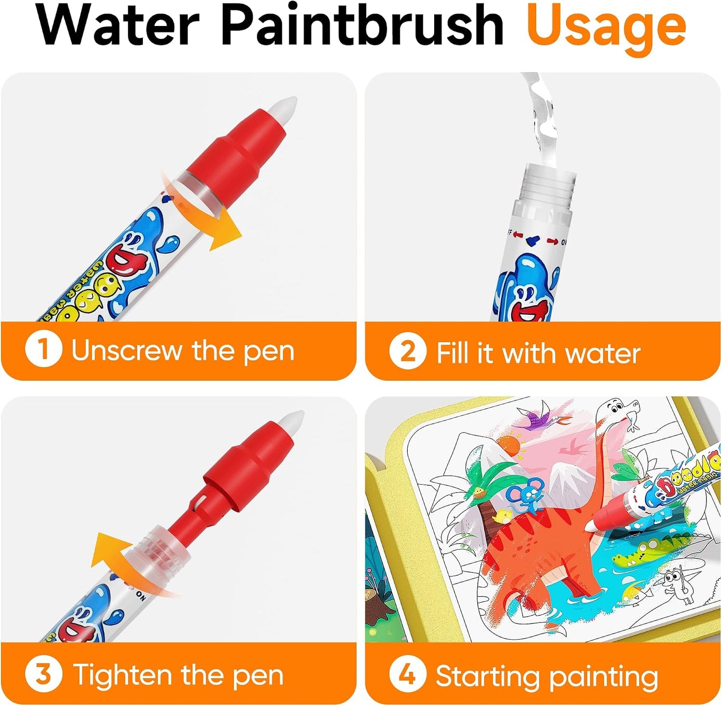 HotTimetome Reusable Water Painting Books for Kids – 3-Pack Magic Water Reveal Coloring Books with Water Pens (Fairy Tale, Animal & Dinosaur) No-Mess Coloring & Reusable Fun Travel Activity for Ages 3–6