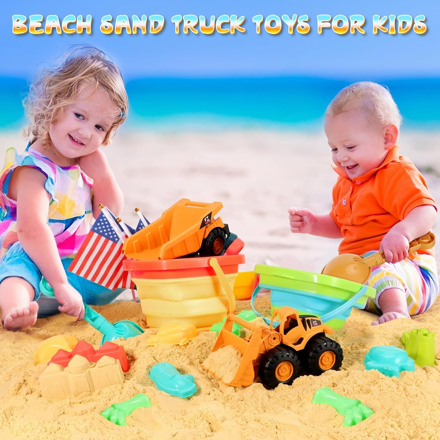 HotHUITEM Beach Sand Toys for Kids, 29PCS Sandbox Toys with 2 Collapsible Bucket Sand, 2 Dump Truck, Dinosaur Molds, Castle Building Kit, Shovel Sieve,Flags,Mesh Bag Travel Beach Toys for Toddler 3-10