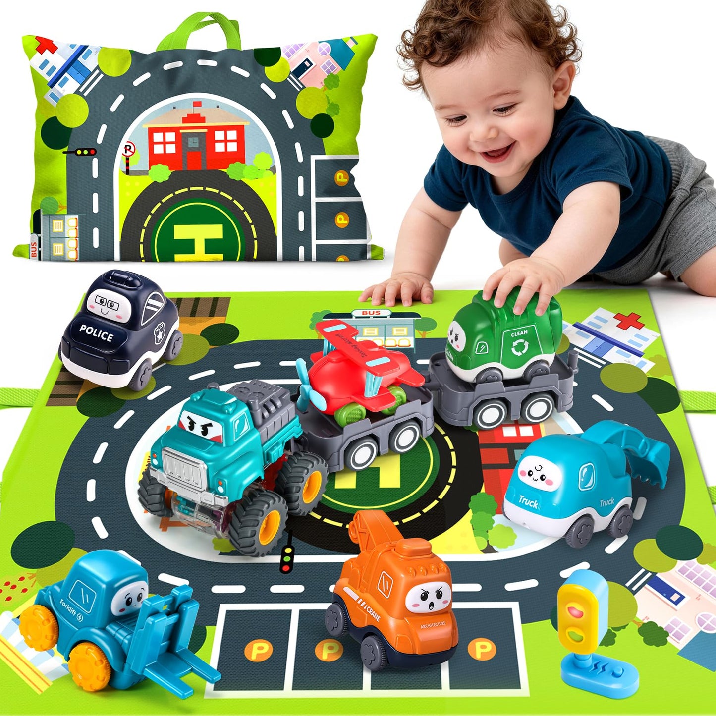 Hot Big Cartoon Truck Car Toys for 1 Year Old Boy with Playmat/Storage Bag|Baby and Toddler Toys 12-18 Months & Age 1-2|1st Birthday Gift for Baby Toys 1 Year Old