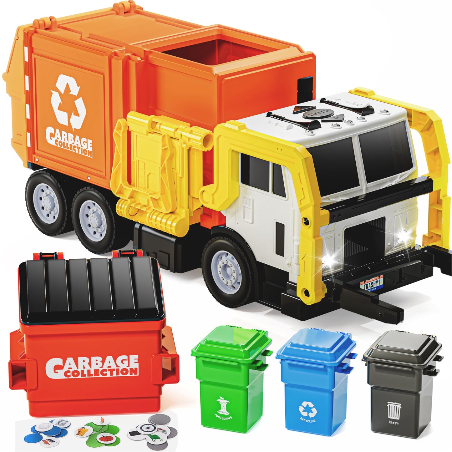 HotJOYIN Large Friction Powered Garbage Truck Toy Set, Includes 1 Dumpster, 3 Trash Bins, and 30 Learning Cards for Kids, Boy Toys Birthday Gift, Green