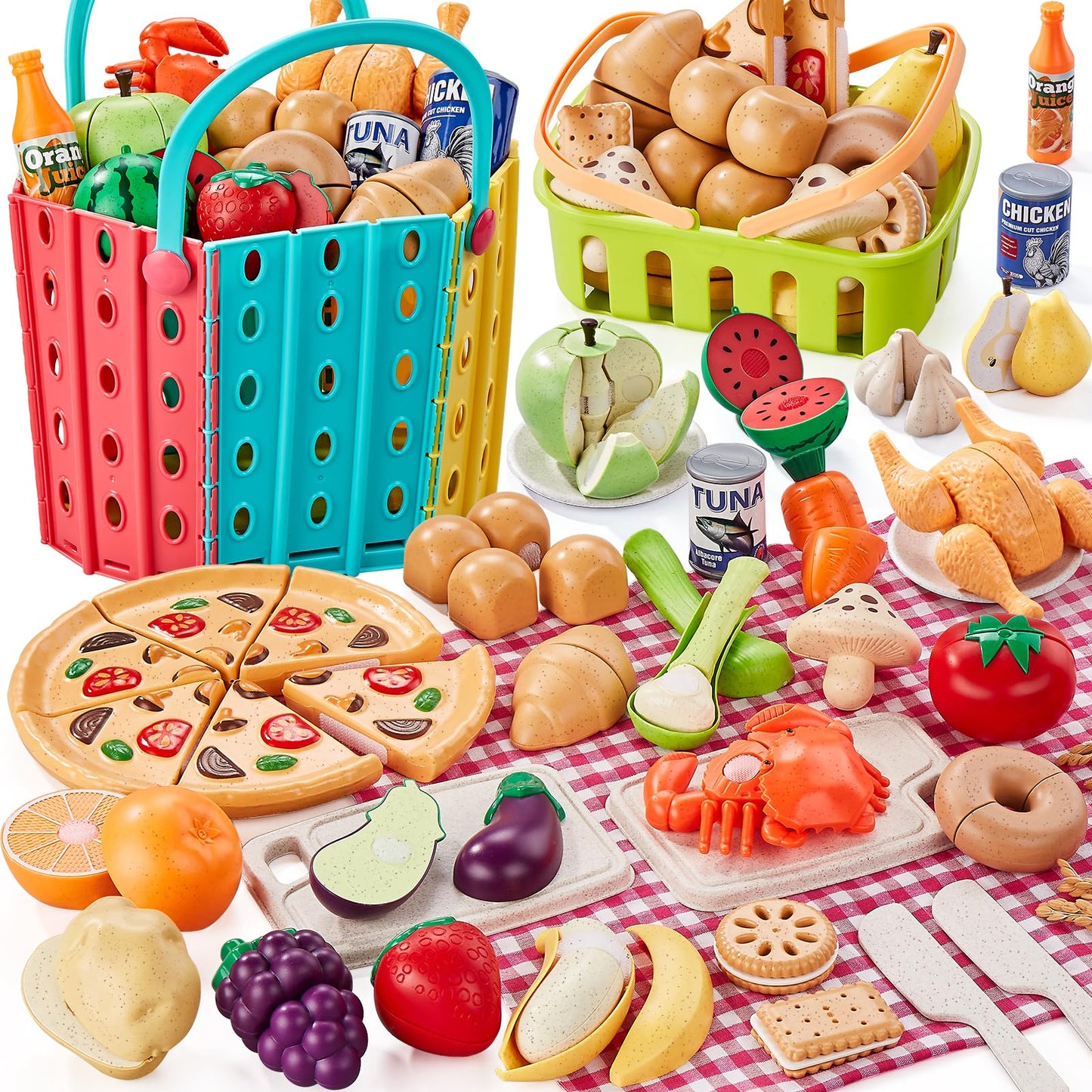 HotLAUGIGLE Pretend Play Food for Kids Kitchen, 78Pc Cutting Toy Food with Storage Bag