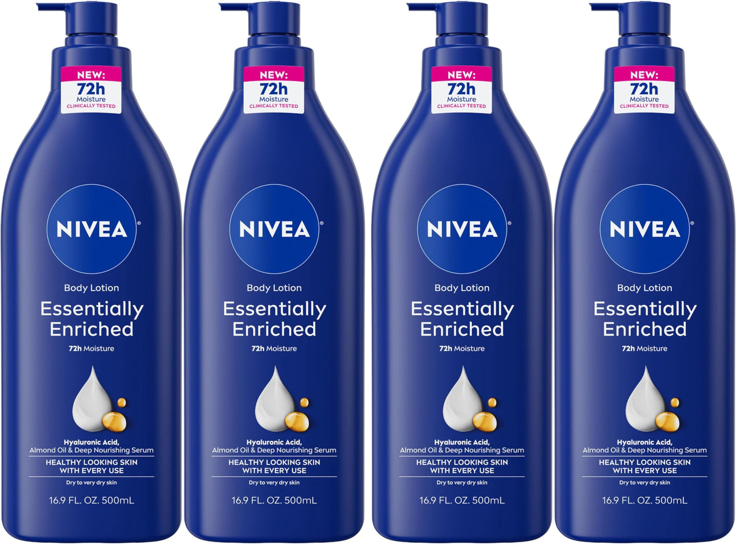 HotNIVEA Essentially Enriched Body Lotion for Very Dry Skin with Hyaluronic Acid, Almond Oil and Deep Nourishing Serum, 72-Hour Body Moisturizer, 16.9 Fl Oz Pump Bottle, Pack of 2