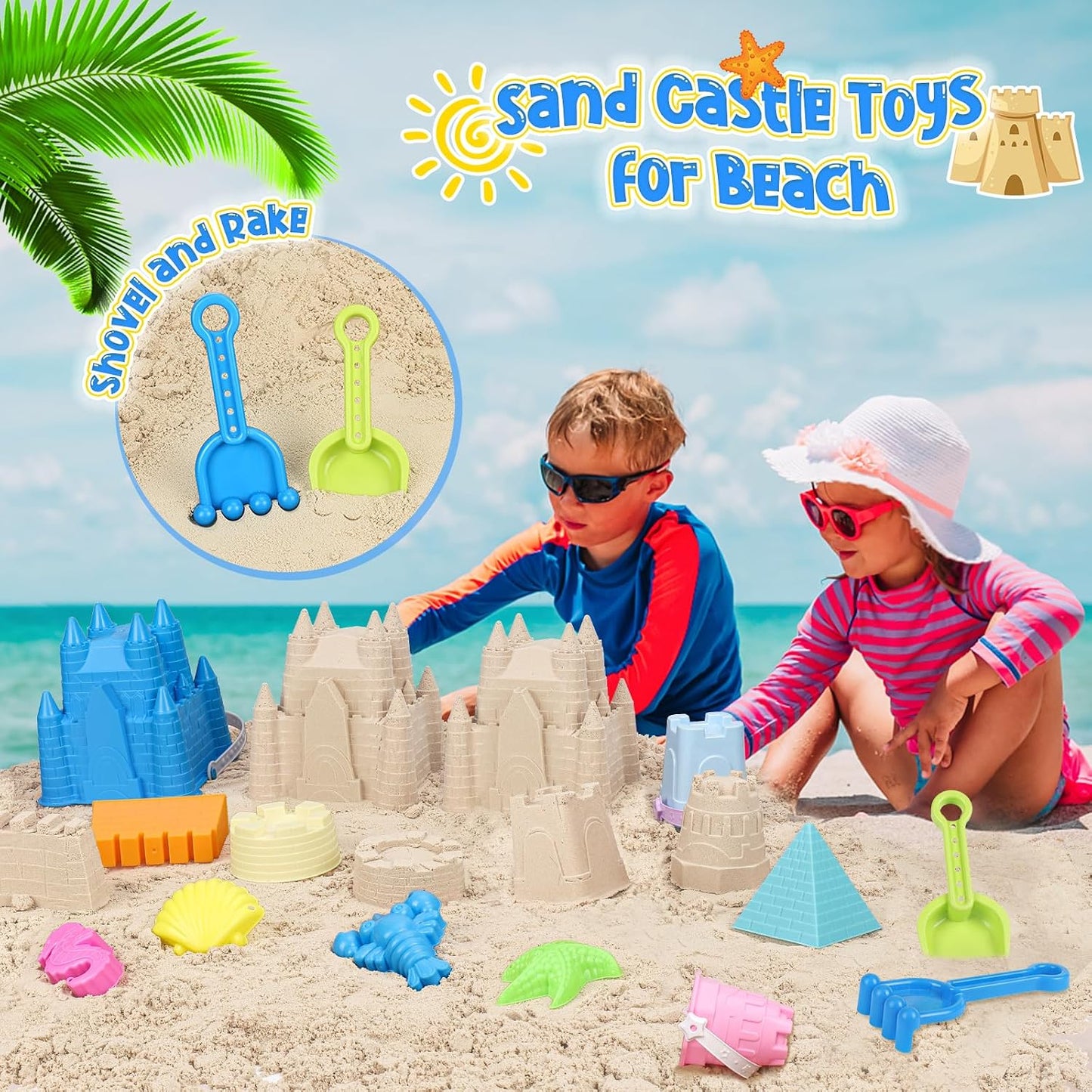Hot FUSPWEAO Beach Sand Toys, Sand Castle Toys with Castle Bucket, Creative Molds, Shovel and Rake, Sandbox Play Set for Kids Ages 3-12, Outdoor Summer Beach Essentials for Building & Playing